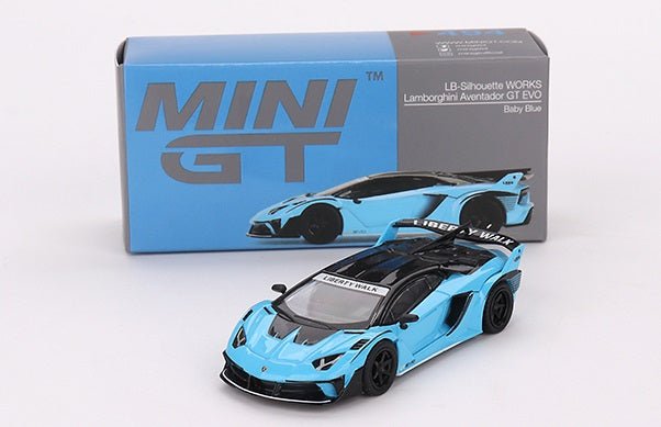 Auto a escala marca Mini GT modelo Lamborghini LB - Silhouette Aventador GT EVO Baby Blue - Chido Toys