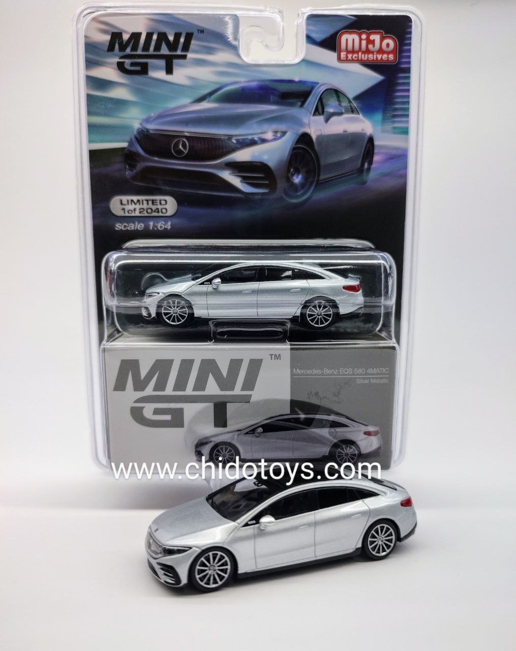 Auto a escala marca Mini GT, Modelo Mercedes - Benz EQS 580 4MATIC Silver Metallic - Chido Toys