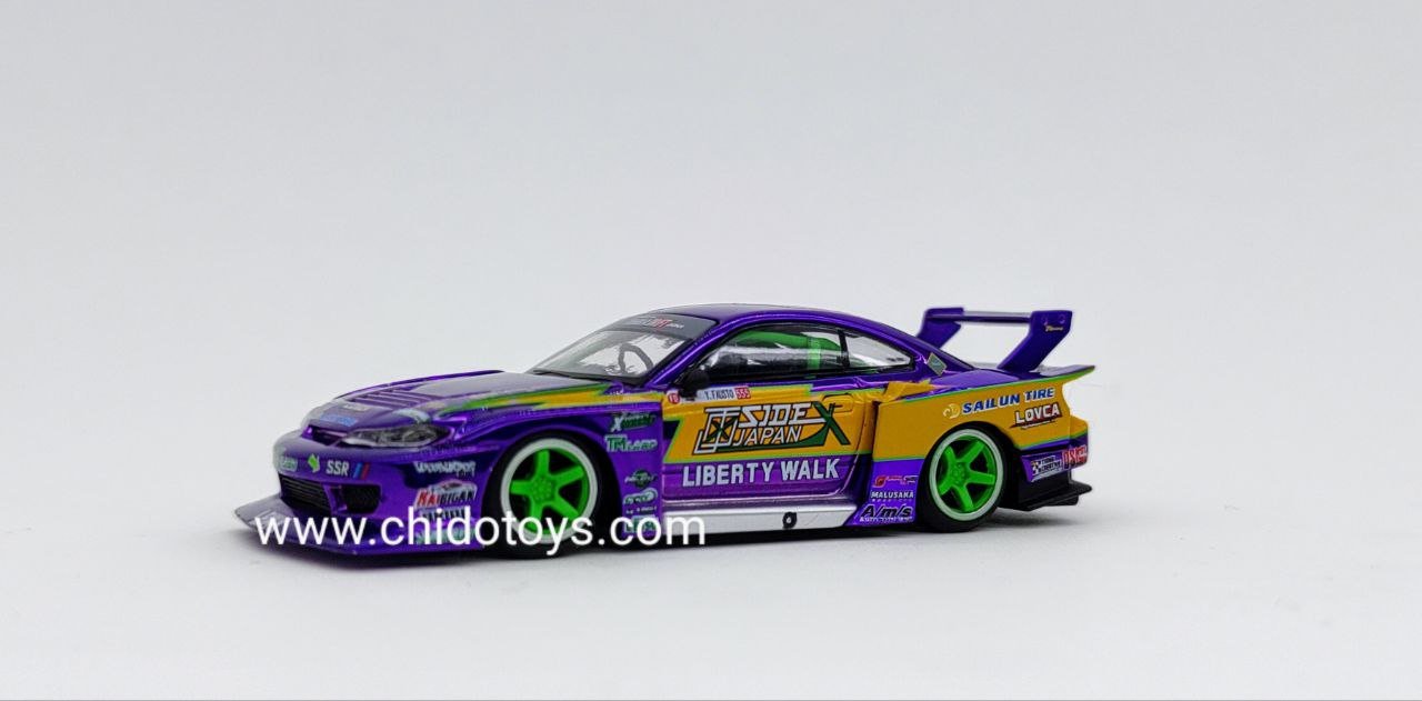 Auto a escala marca Mini GT, Modelo Nissan S15 SILVIA LB - Super Silhouette #555 2022 Formula Drift Japón – Cromo Púrpura – - Chido Toys