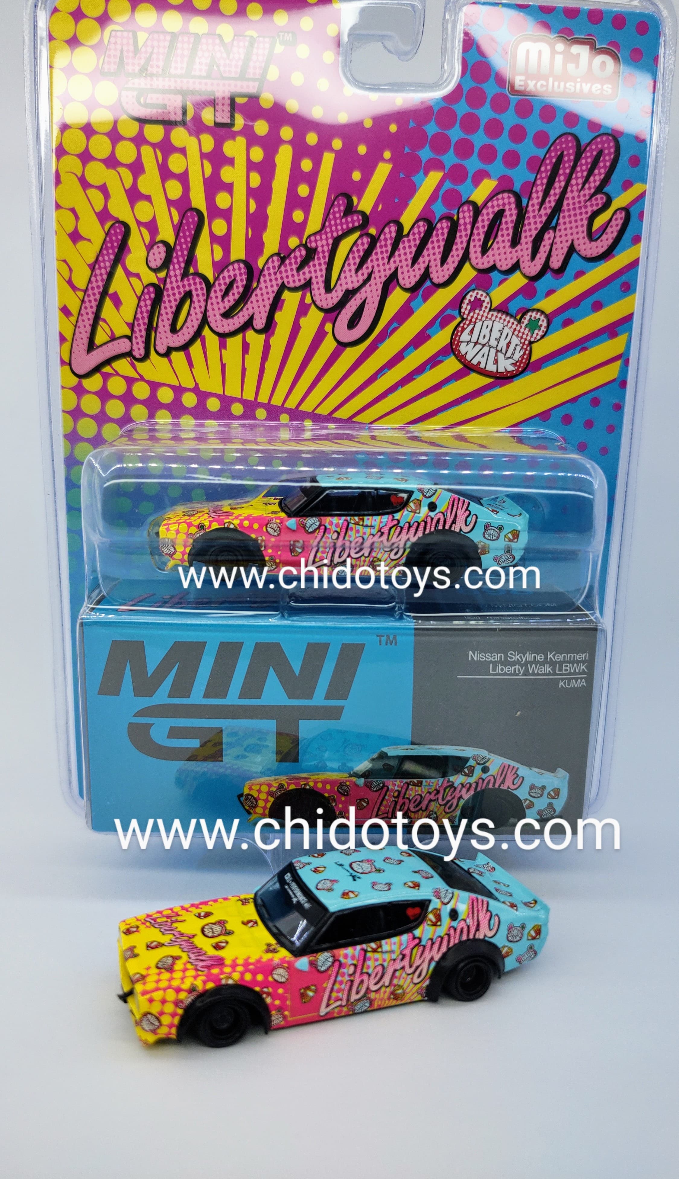 Auto a escala marca Mini GT, Modelo Nissan Skyline Kenmeri Kenmeri Liberty - Chido Toys