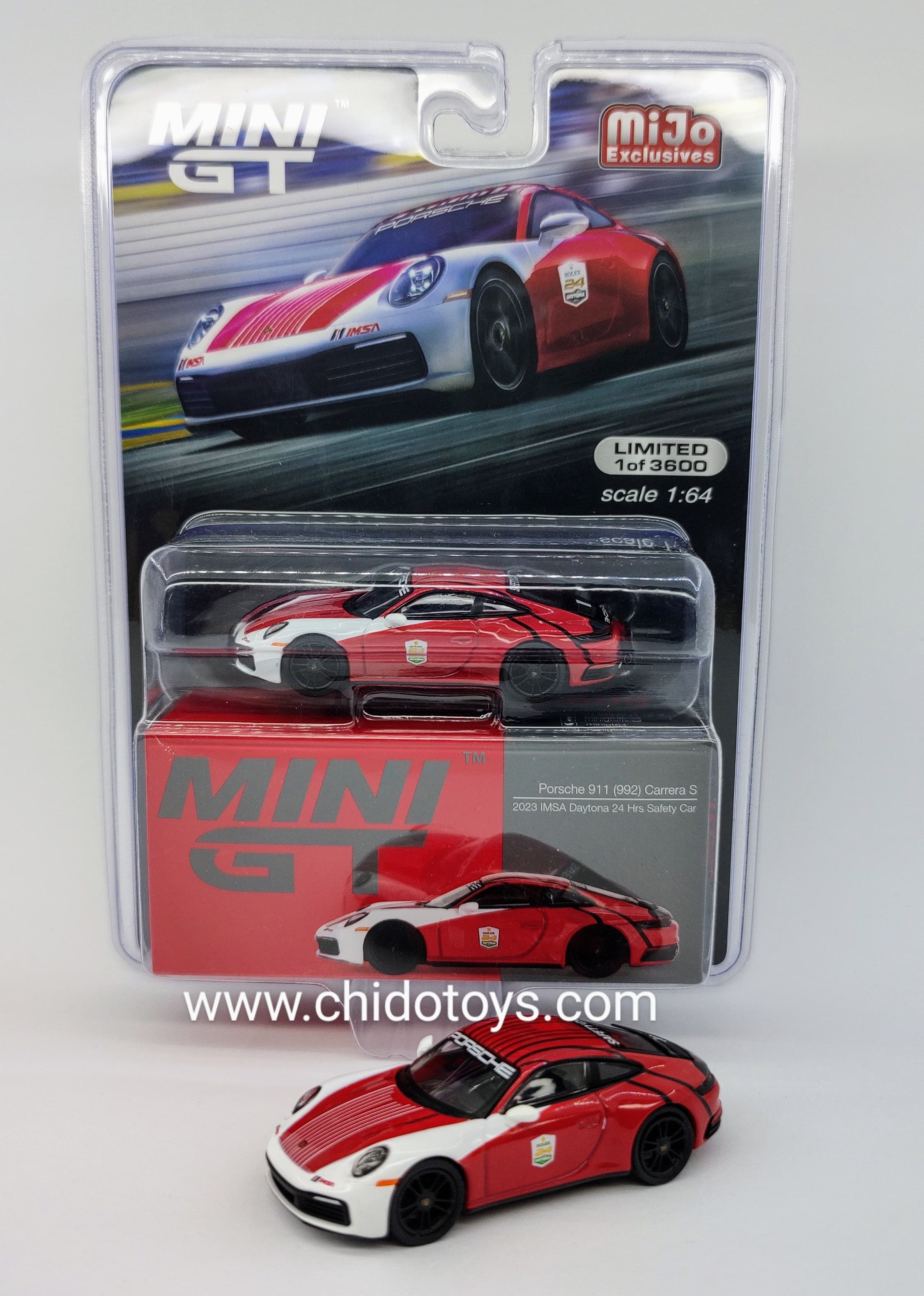 Auto a escala marca Mini GT Modelo Porsche 911 Carrera S, Safety Car IMSA 2023 - Chido Toys