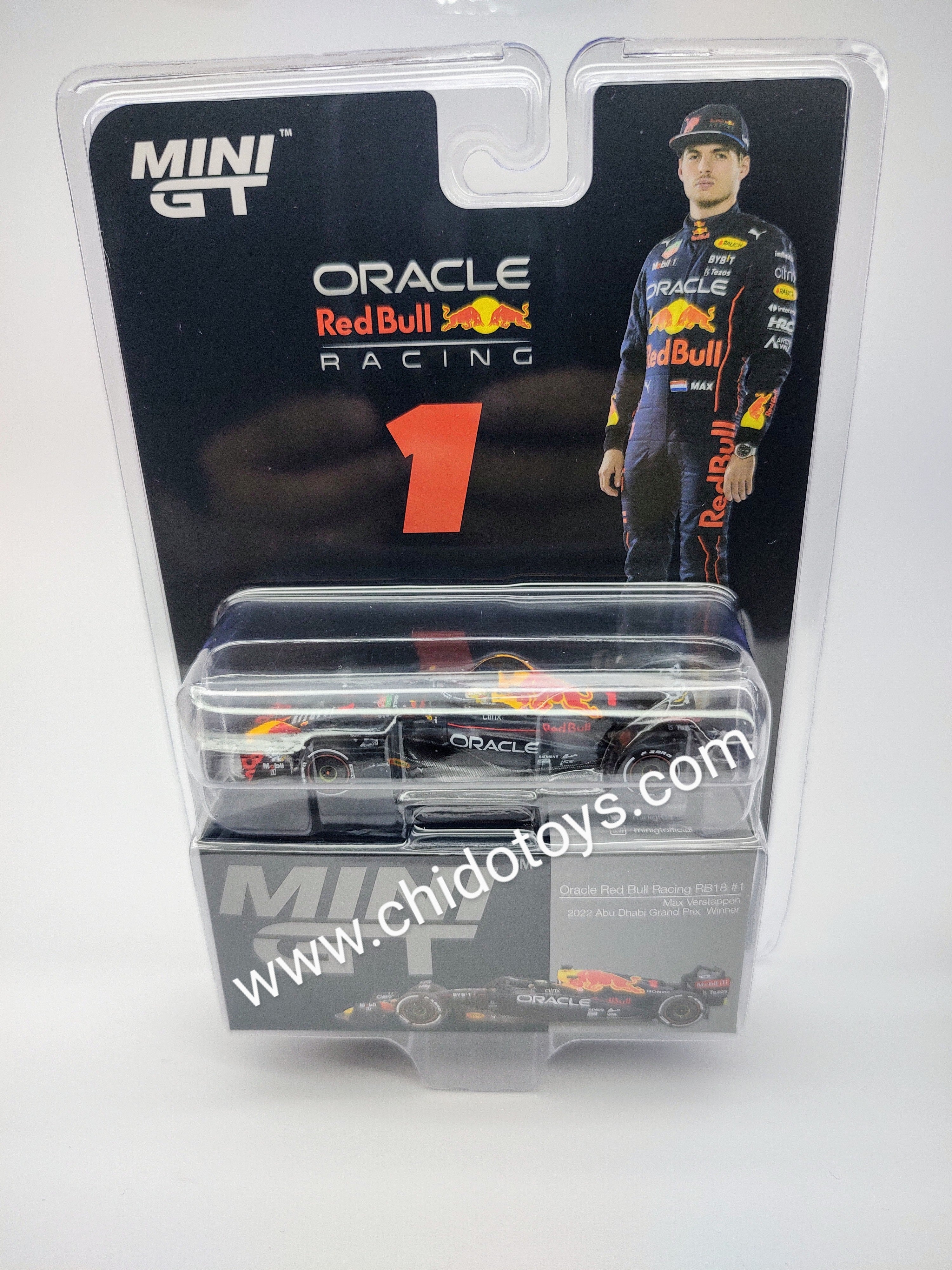 Auto a escala marca Mini GT modelo RB18 F1 Red Bull Racing #1 Max Verstappen 2022 Abu Dhabi - Chido Toys