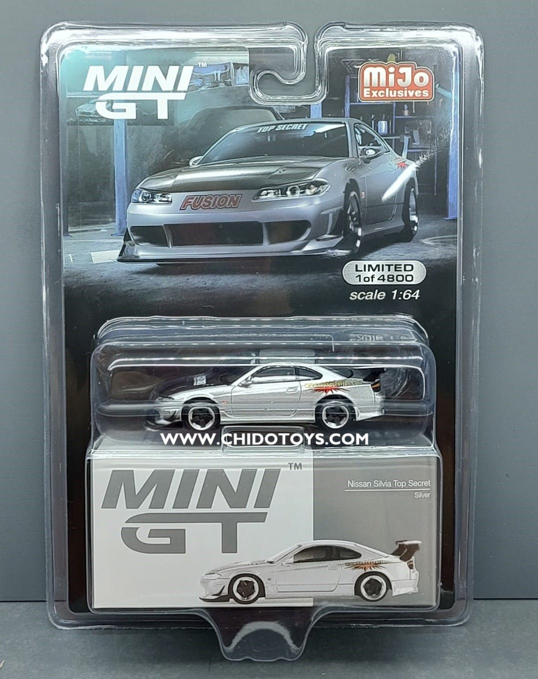 Auto a escala marca Mini GT, Modelo Silvia Top Secret Silver - Chido Toys