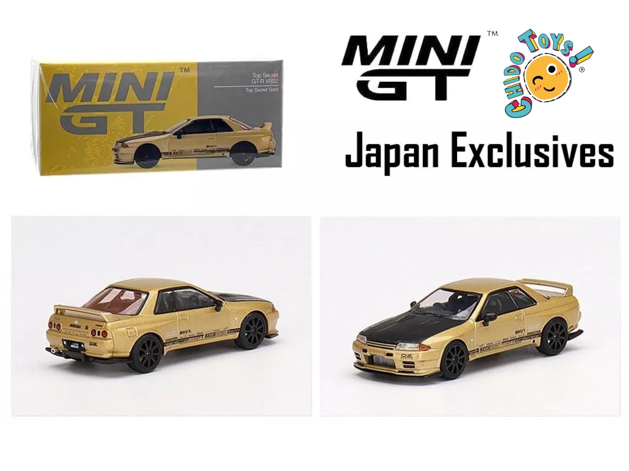 Auto a escala marca Mini GT, Modelo Top Secret Gold GT - R VR32 - Chido Toys