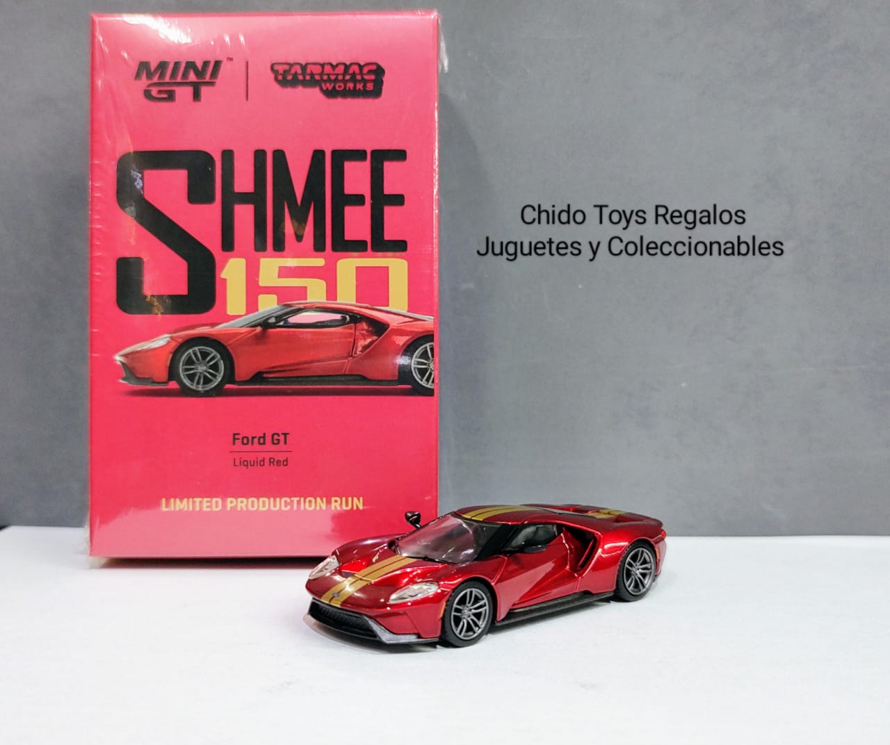 Auto a escala marca Mini GT & TARMAC WORKS, modelo Ford GT Liquid Red - Chido Toys