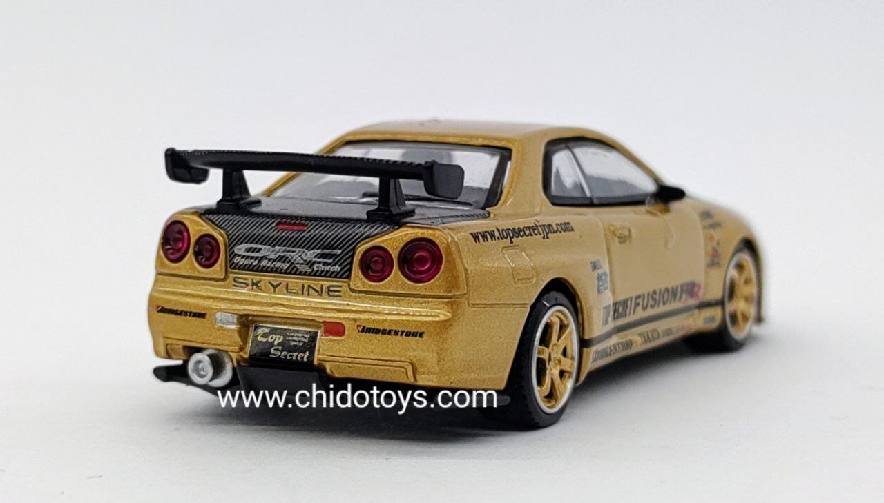 Auto a escala marca Mini GT, TOP SECRET Gold, Skyline GT - R R34 - Chido Toys