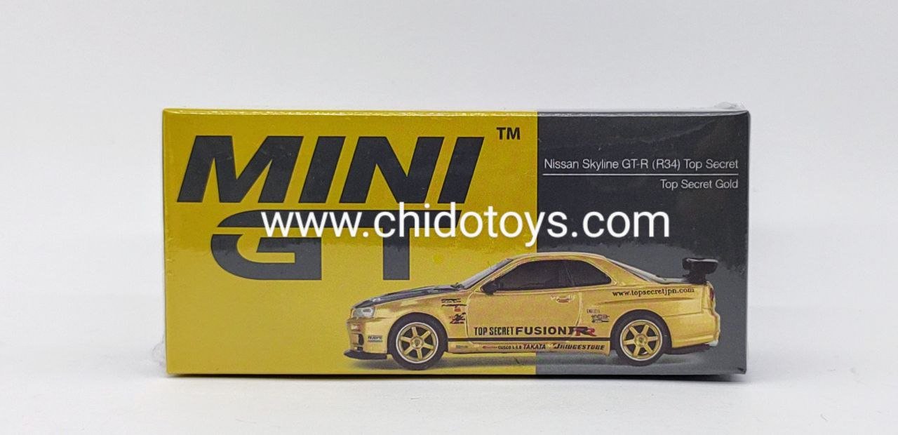 Auto a escala marca Mini GT, TOP SECRET Gold, Skyline GT - R R34 - Chido Toys