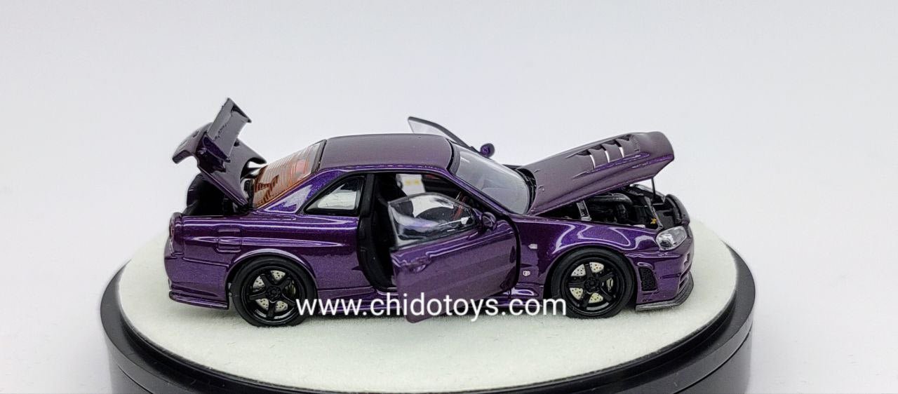 Auto a escala marca PGM*One model, Modelo Skyline GT - R R - 34 Z Tune Midnight Purple - Chido Toys