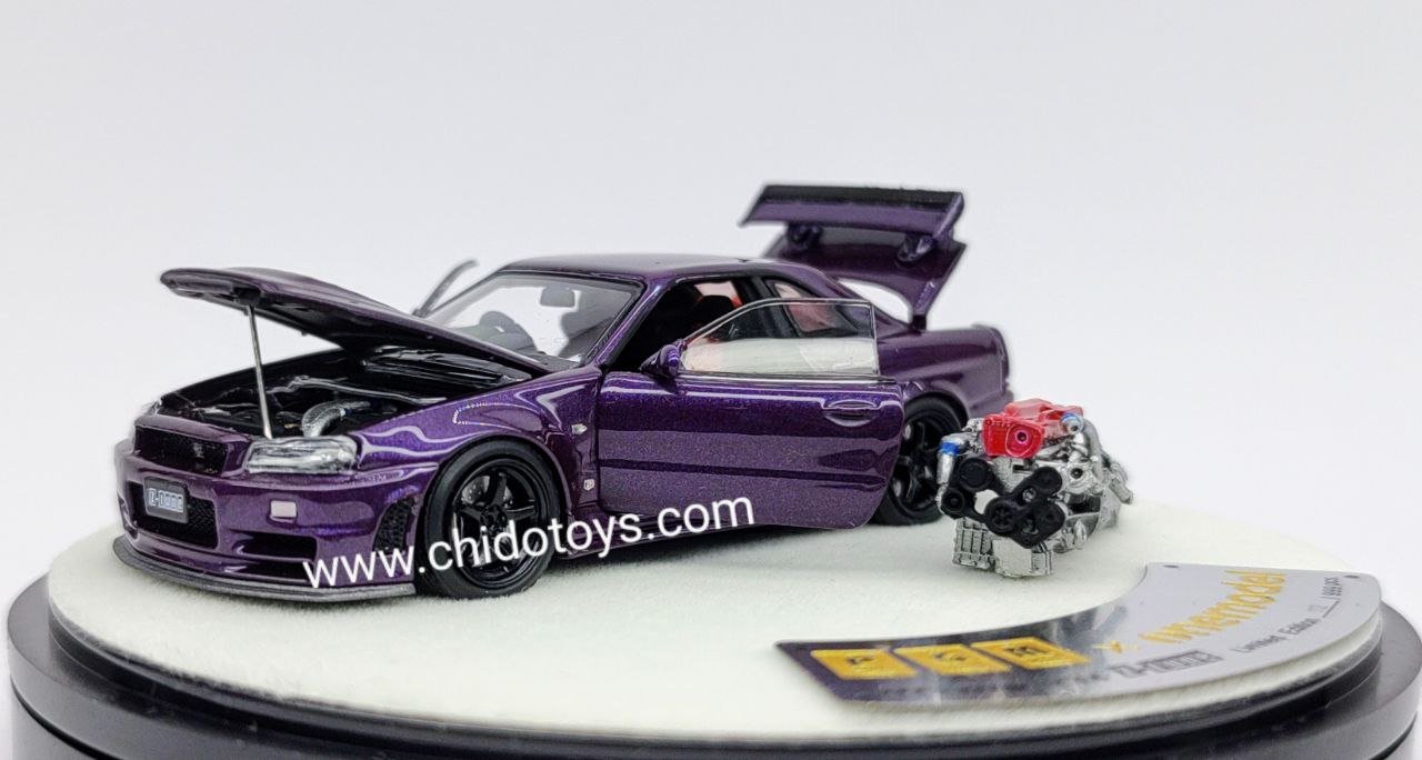 Auto a escala marca PGM*One model, Modelo Skyline GT - R R - 34 Z Tune Midnight Purple - Chido Toys