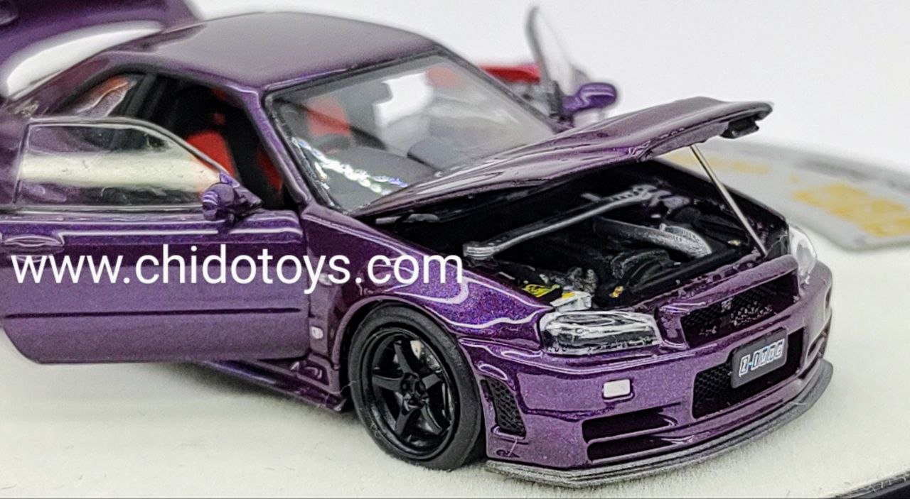 Auto a escala marca PGM*One model, Modelo Skyline GT - R R - 34 Z Tune Midnight Purple - Chido Toys