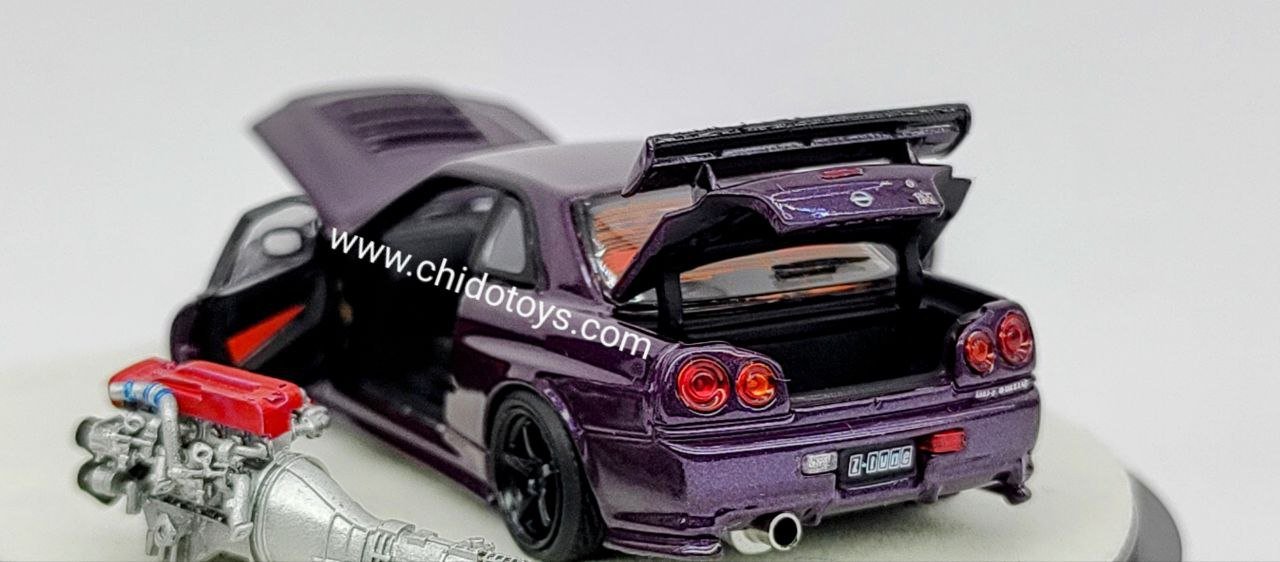 Auto a escala marca PGM*One model, Modelo Skyline GT - R R - 34 Z Tune Midnight Purple - Chido Toys