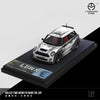 Time Micro Mini Cooper LBWK 1:64 Comic Style blanco con gráficos tipo ilustración, llantas de goma y capelo con base