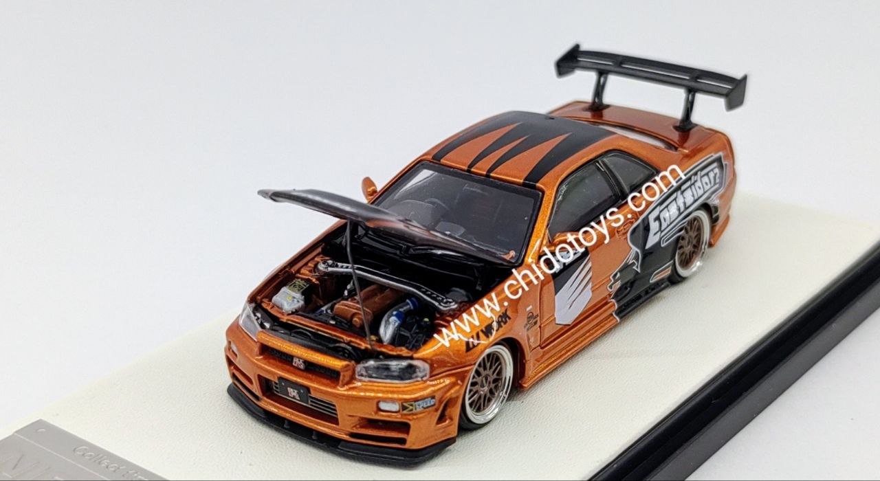 Auto a escala marca Time Micro, Modelo Nissan GTR R34 Gold Orange - Chido Toys