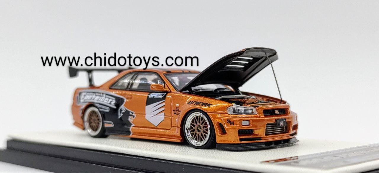 Auto a escala marca Time Micro, Modelo Nissan GTR R34 Gold Orange - Chido Toys