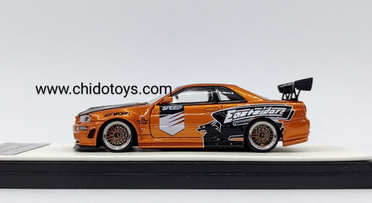 Auto a escala marca Time Micro, Modelo Nissan GTR R34 Gold Orange - Chido Toys