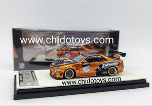 Auto a escala marca Time Micro, Modelo Nissan GTR R34 Gold Orange - Chido Toys