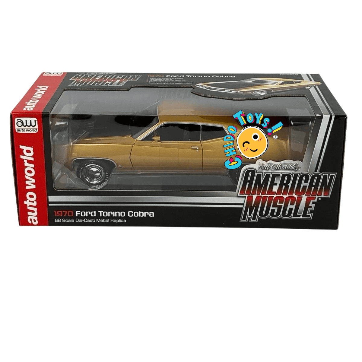 Auto World 1970 Ford Torino Cobra 1:18 Bright Gold Poly caja sellada - Chido Toys