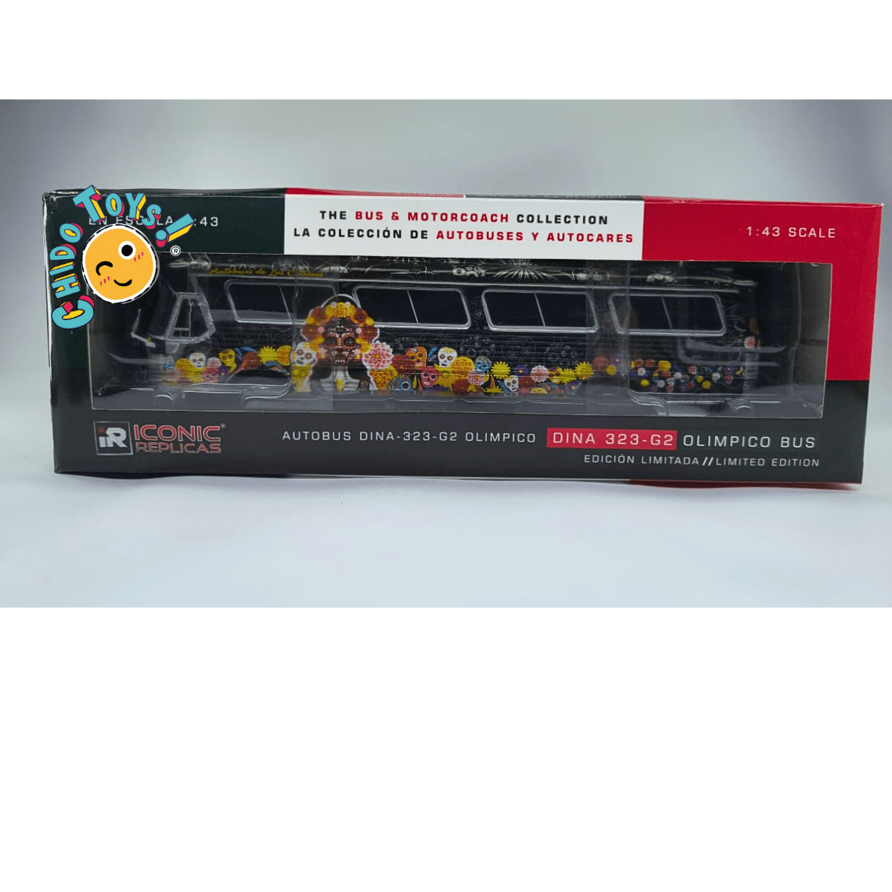 Autobús DINA 323 - G2 Olímpico “Las Catrinas” a escala 1:43 Iconic Replicas – Edición limitada metálica - Chido Toys