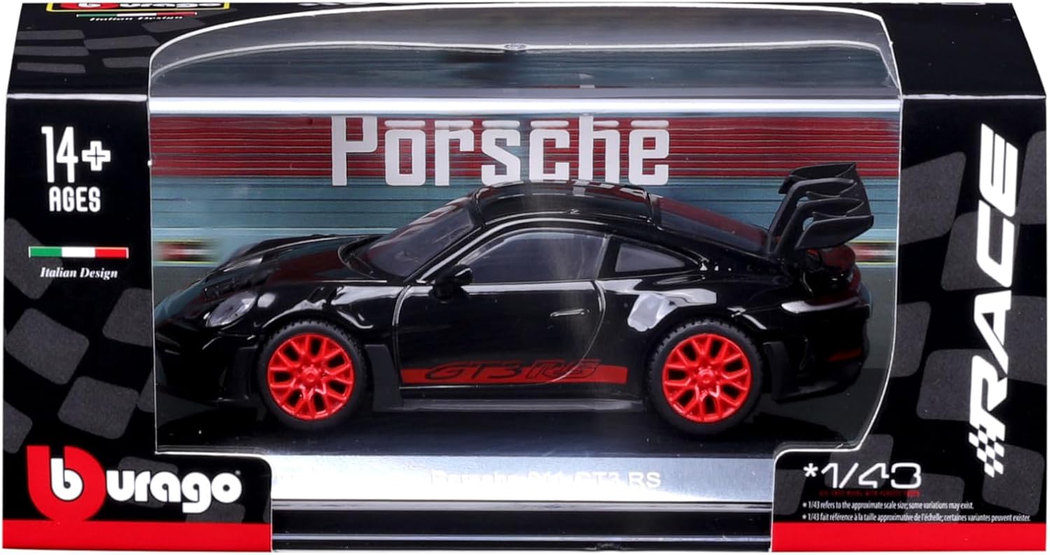 Bburago Porsche 911 GT3 RS 1:43 negro mate con rines rojos - Chido Toys