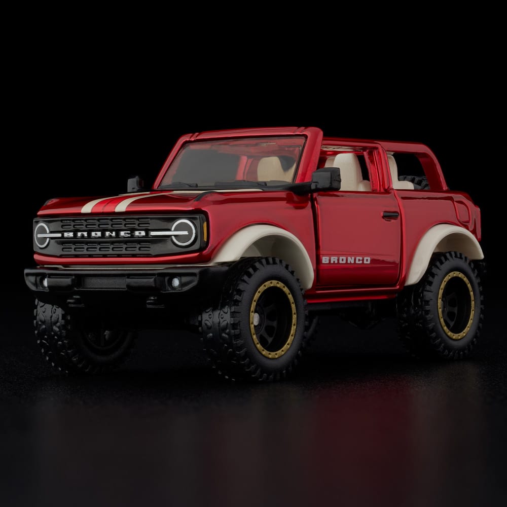Hot Wheels RLC Ford Bronco 2021 1:64 rojo Spectraflame, con Real Riders todoterreno, puertas y techo removibles.