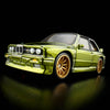 Hot Wheels RLC BMW M3 E30 1991 1:64 verde Spectraflame, Real Riders dorados, puertas abatibles y capelo acrílico.