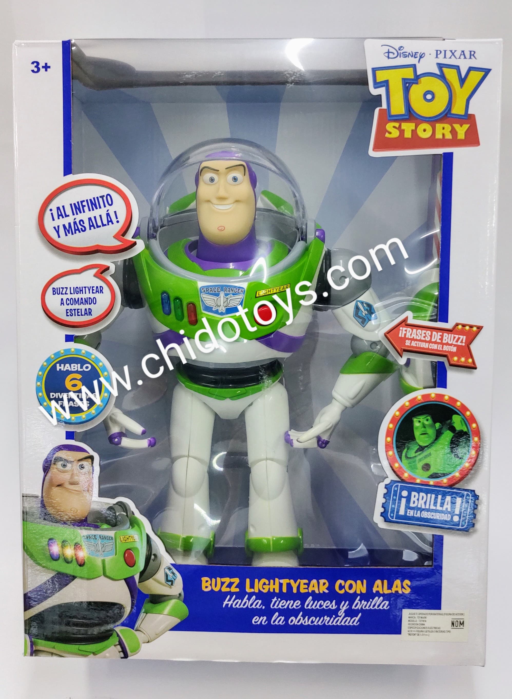 Buzz Lightyear con Alas, frases en español y brilla en la oscuridad - Chido Toys