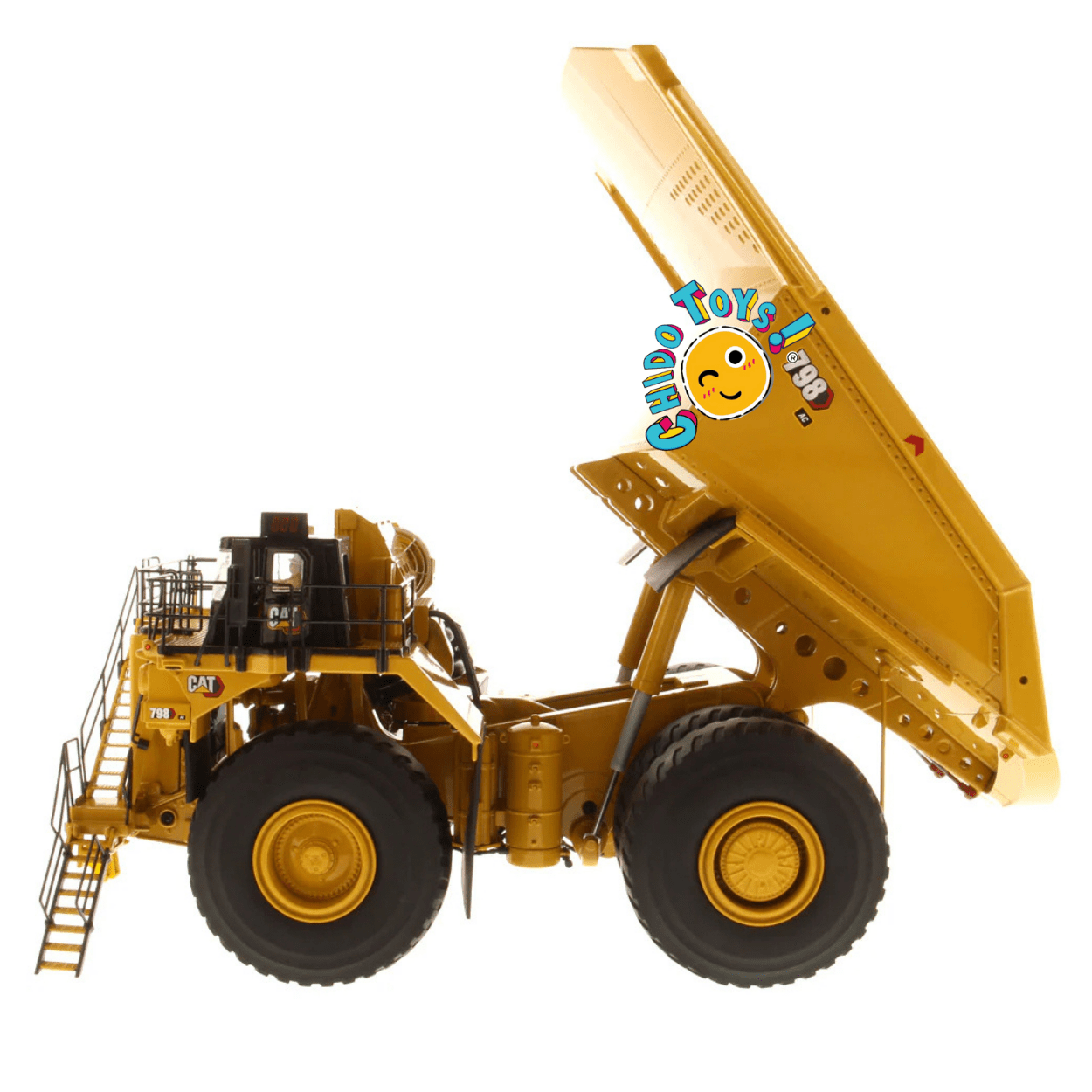 Camión Minero CAT 798 AC a escala 1:50 de metal con llantas de goma funcionales - Chido Toys