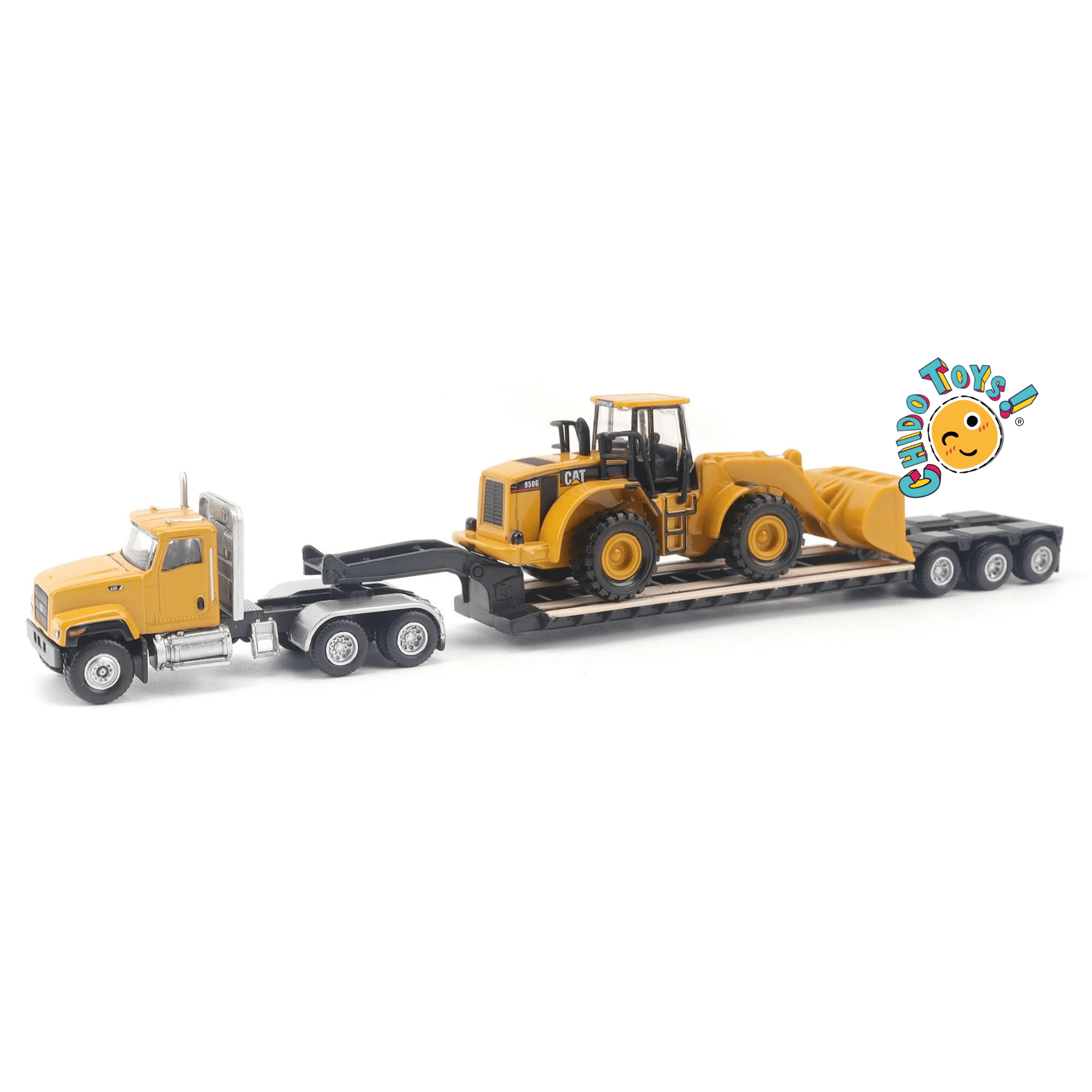 CAT Semi tractor con lowboy y cargador frontal 1:87 diecast - Chido Toys