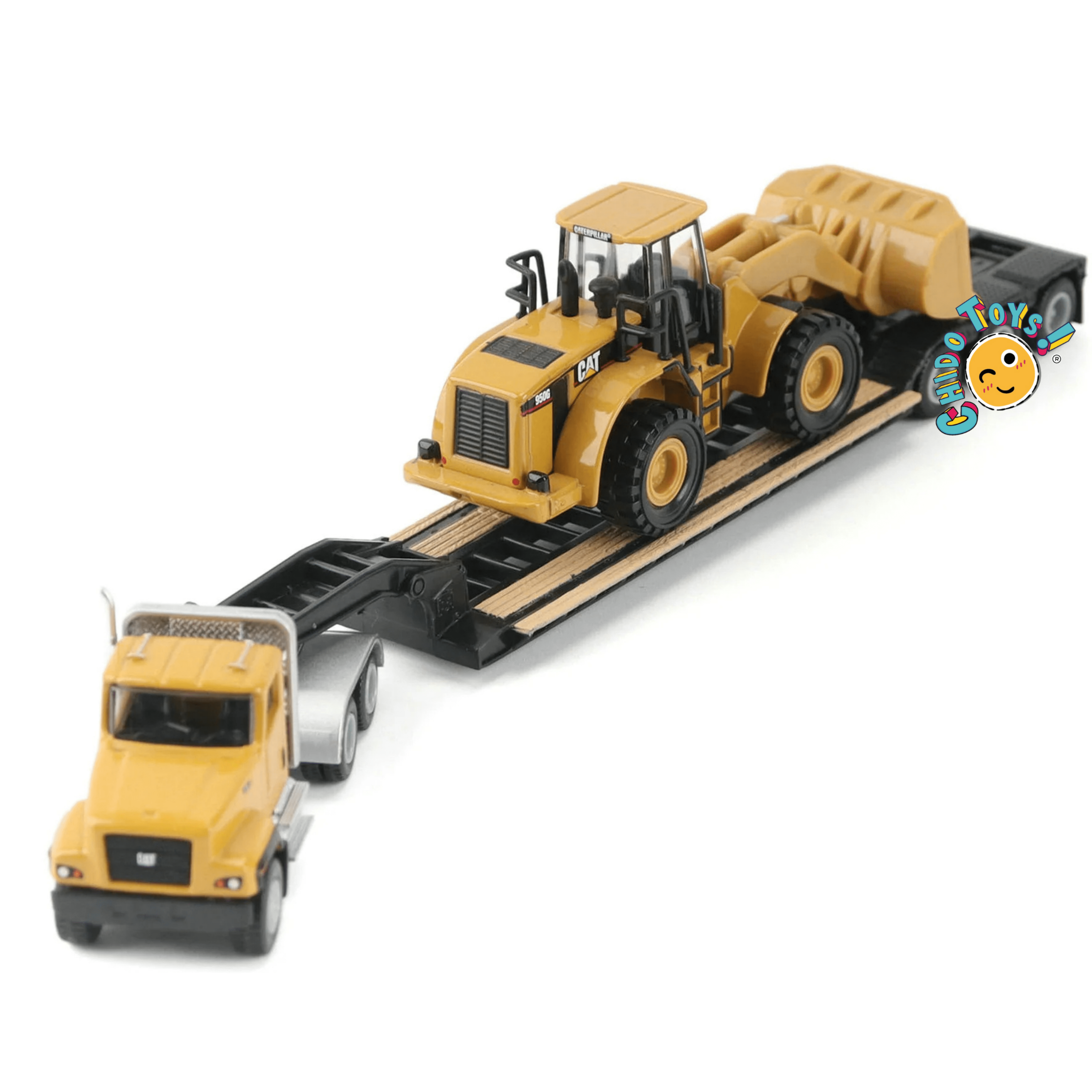 CAT Semi tractor con lowboy y cargador frontal 1:87 diecast - Chido Toys