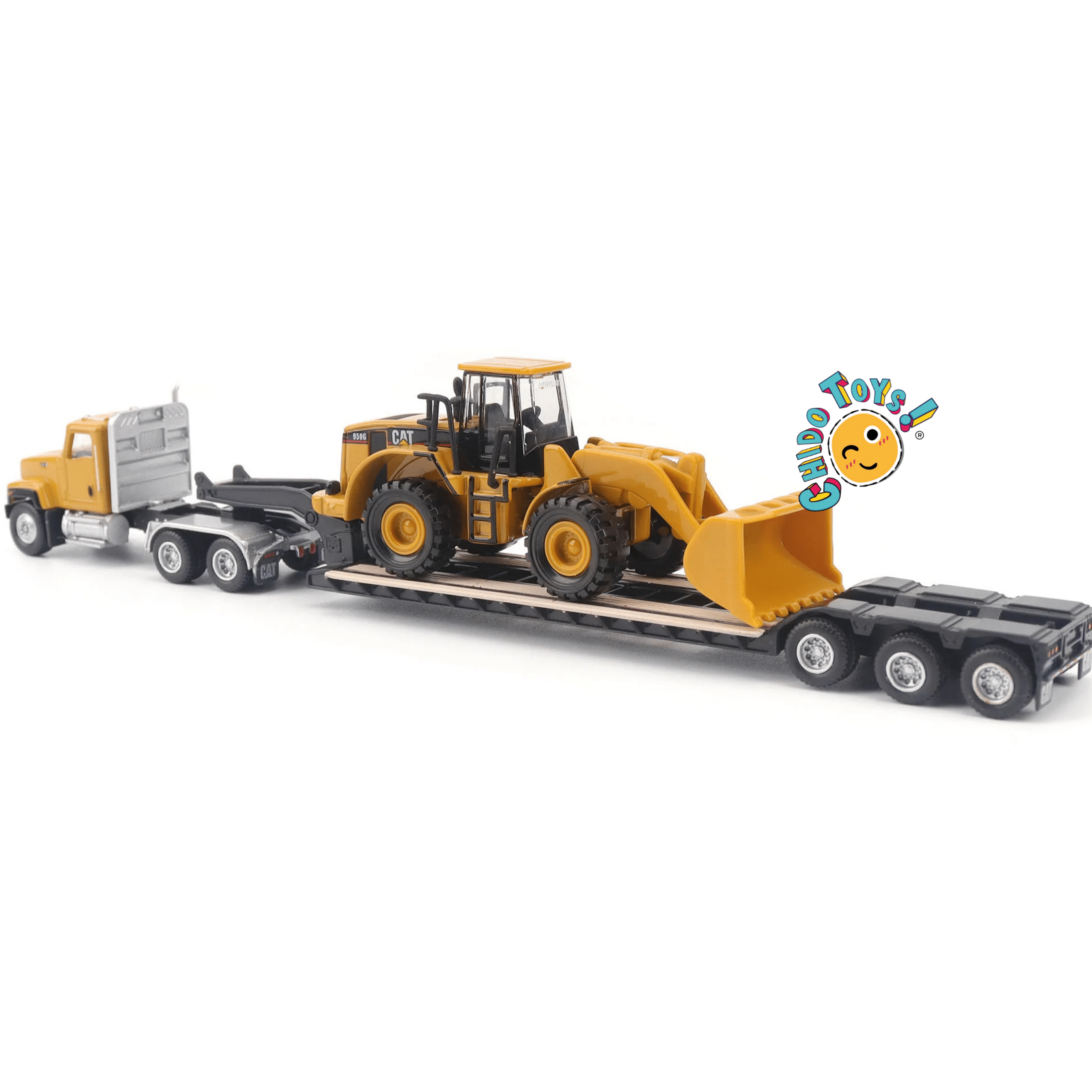 CAT Semi tractor con lowboy y cargador frontal 1:87 diecast - Chido Toys