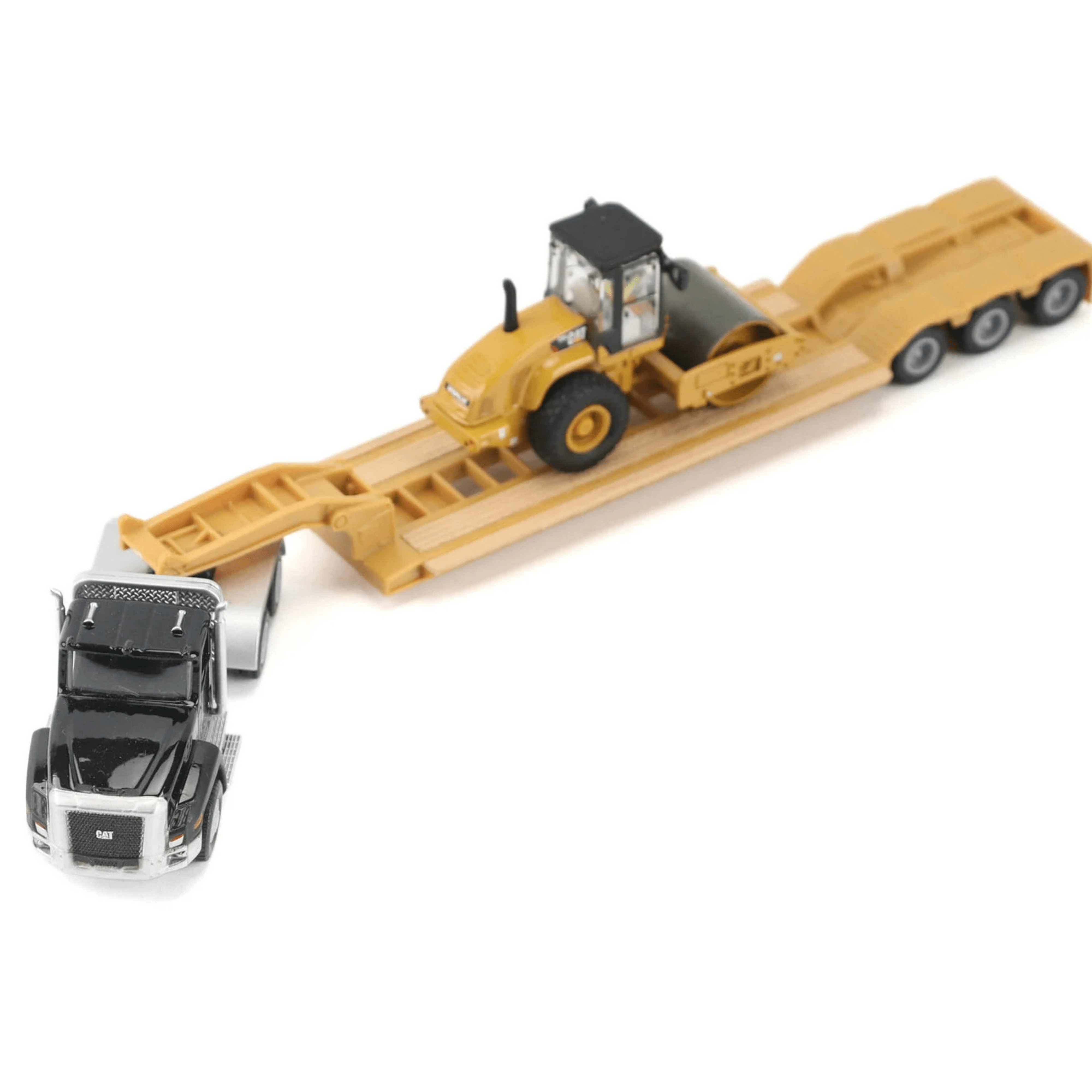 CAT Semi tractor con lowboy y rodillo Padfoot 1:87 diecast - Chido Toys
