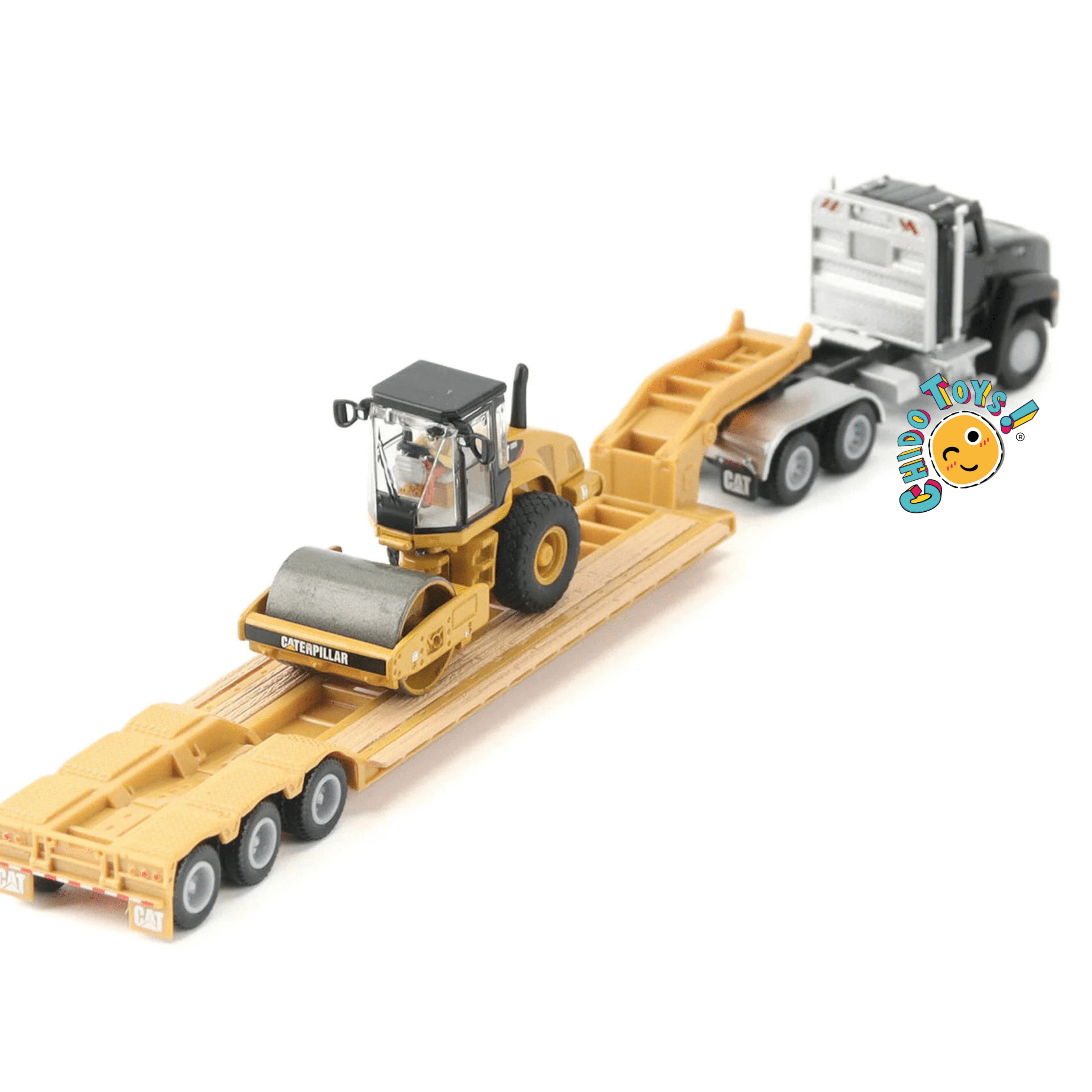 CAT Semi tractor con lowboy y rodillo Padfoot 1:87 diecast - Chido Toys