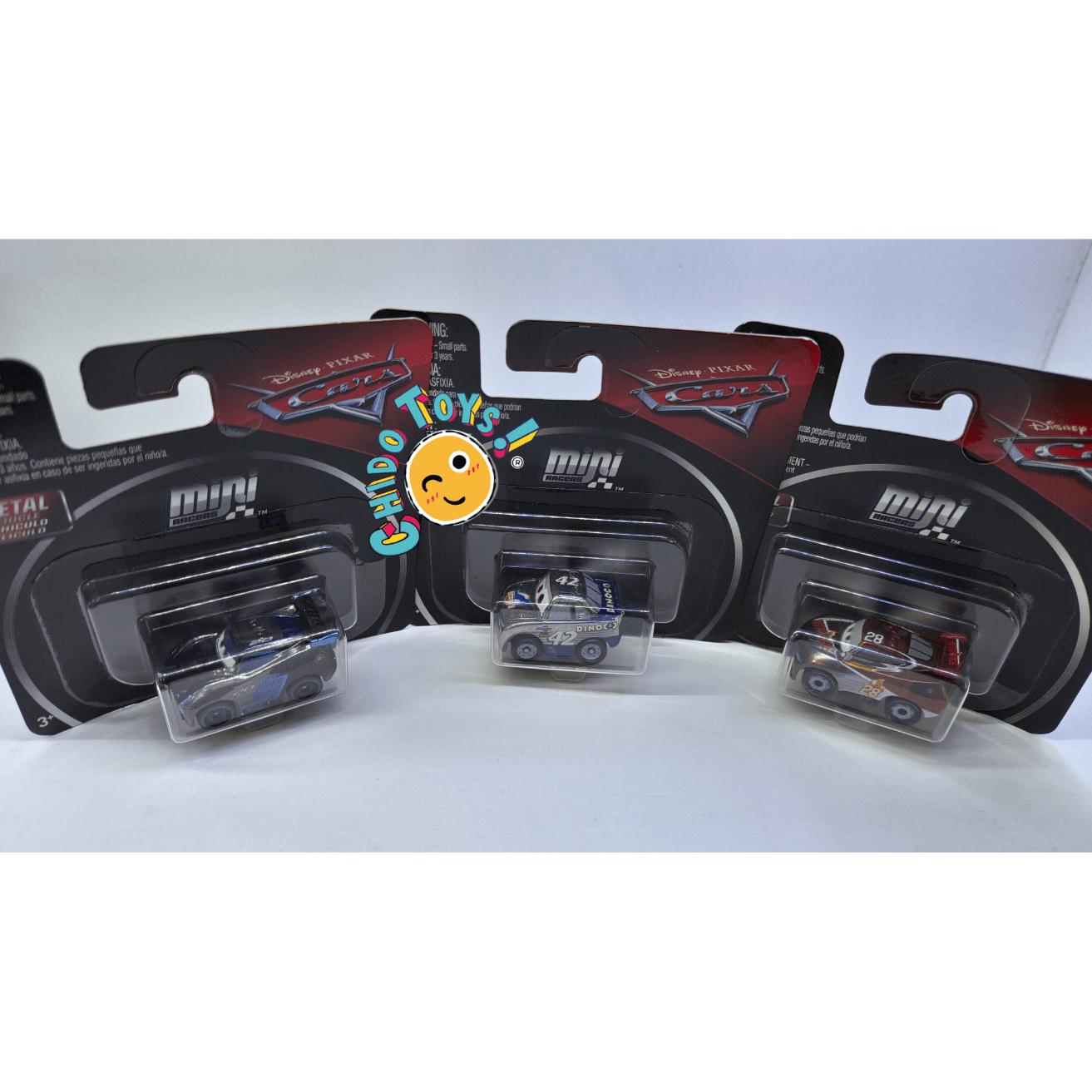 Disney Pixar Cars Mini Racers 2008 – Set 3 pzas: Silver Cal Weathers, Silver Tim Treadless & Metallic Jackson Storm | Metal/Metal - Chido Toys