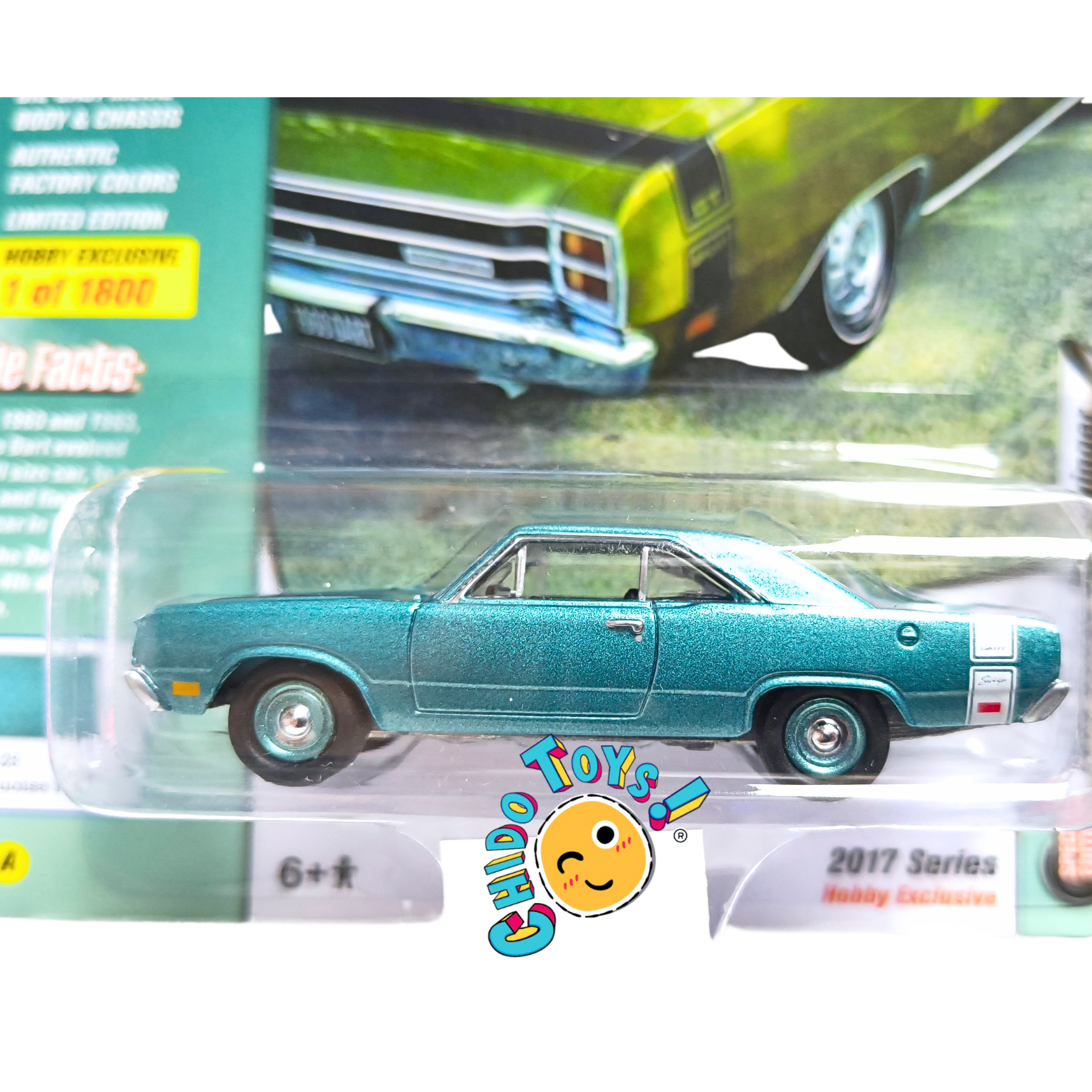 Johnny Lightning 1969 Dodge Dart Swinger 1:64 Light Turquoise Poly cofre abatible
