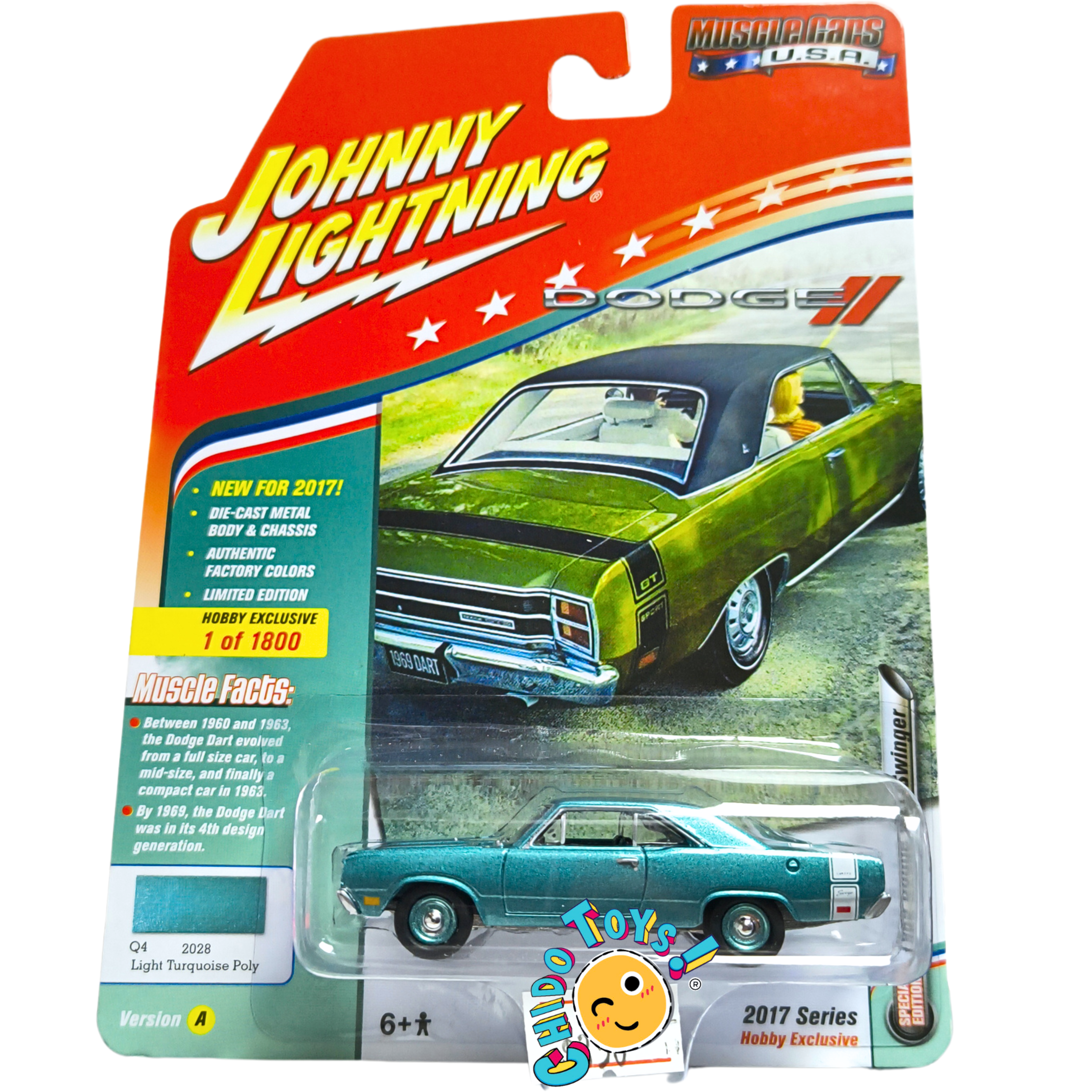 Johnny Lightning Dodge Dart Swinger 1969 1:64 turquesa metálico, diecast con llantas de goma y edición limitada Hobby Exclusive.