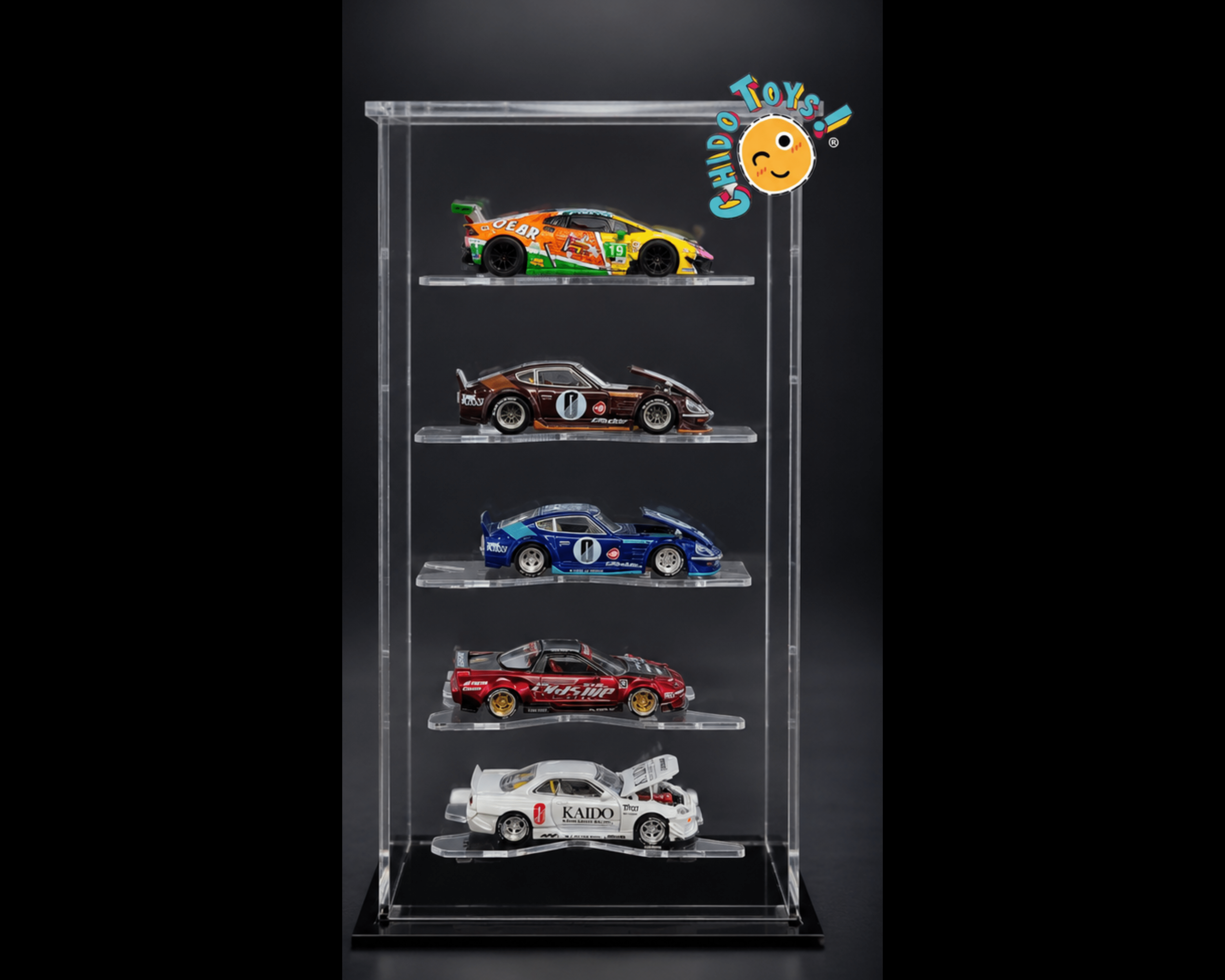 Exhibidor de Acrílico para escalas 1:64 para 5 Espacios con Puerta Frontal - Chido Toys