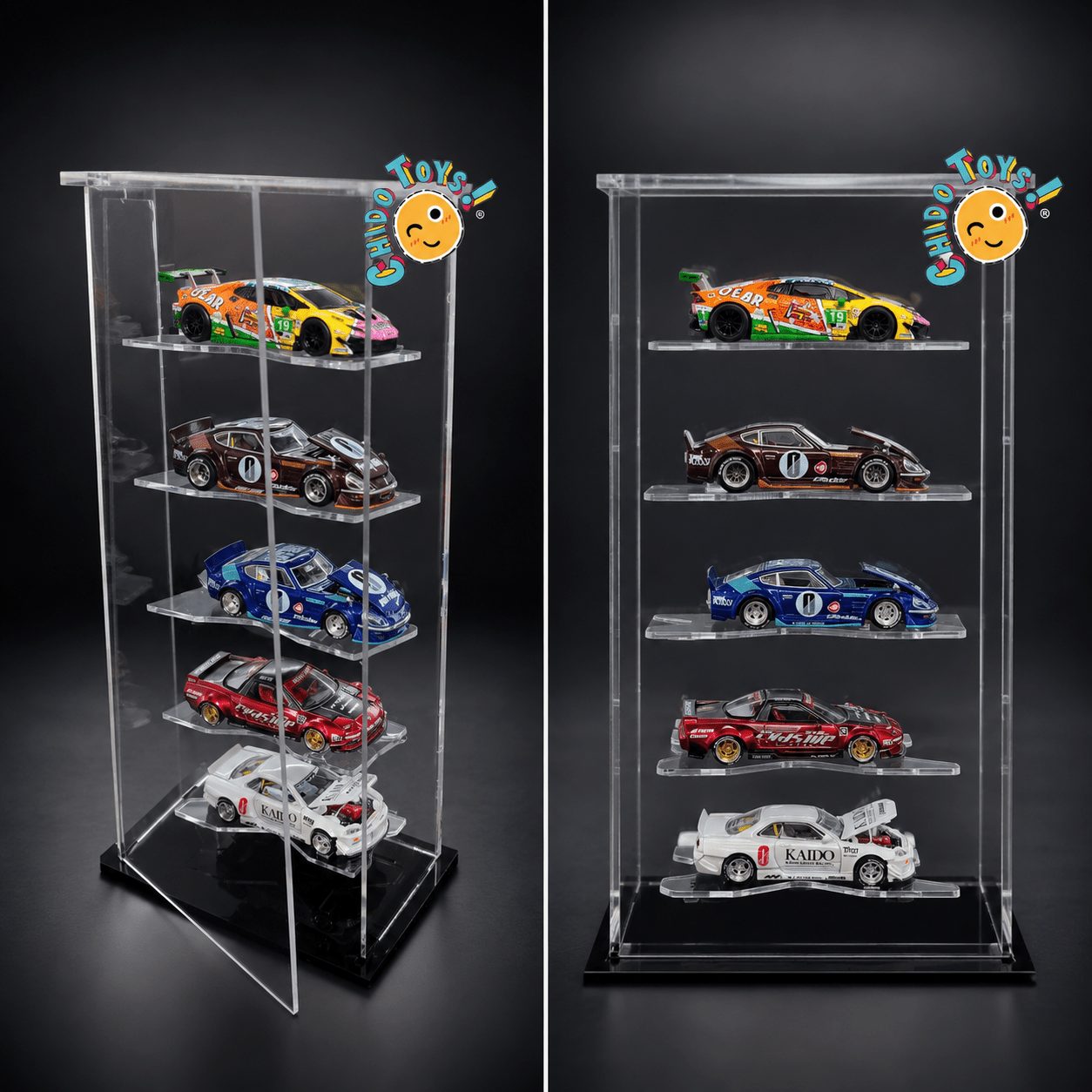 Exhibidor de Acrílico para escalas 1:64 para 5 Espacios con Puerta Frontal - Chido Toys