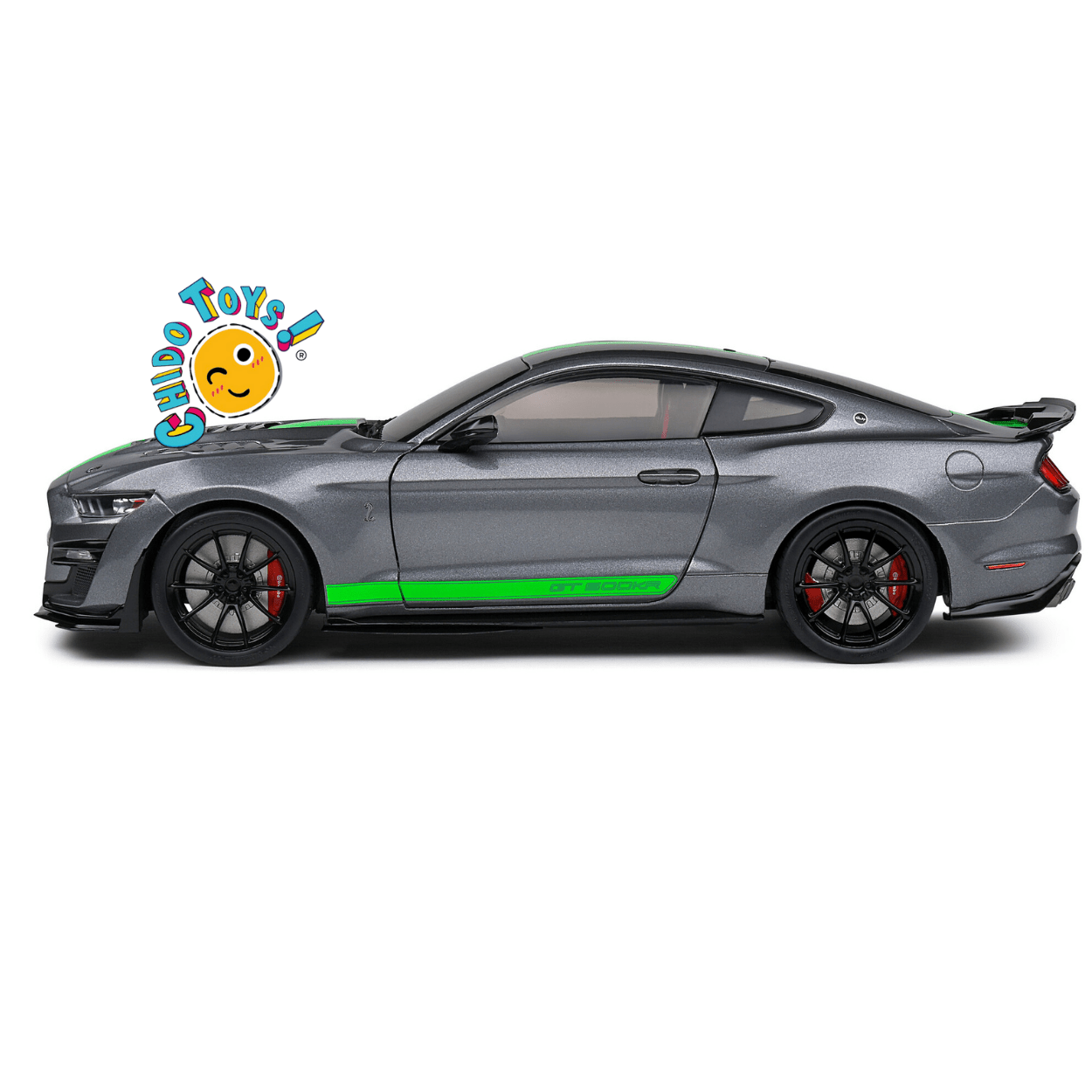 Ford Mustang Shelby GT500R Gris con Franjas Verdes – Sólido 1/18 - Chido Toys