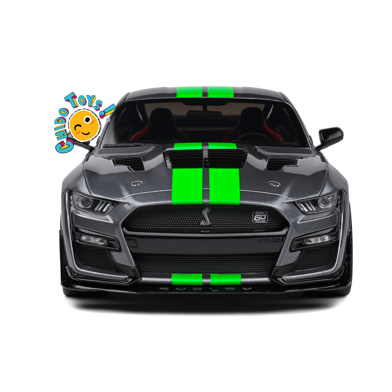 Ford Mustang Shelby GT500R Gris con Franjas Verdes – Sólido 1/18 - Chido Toys