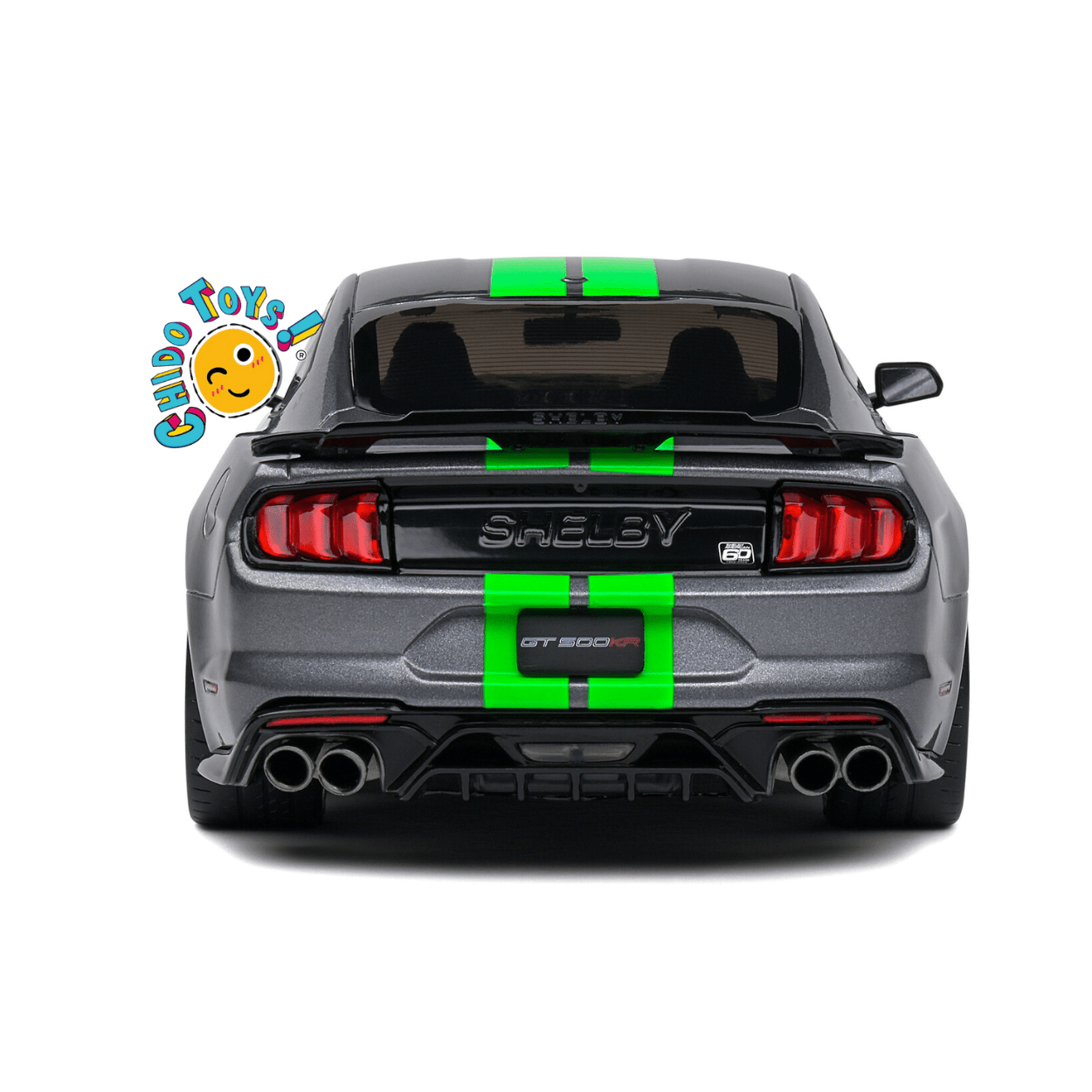 Ford Mustang Shelby GT500R Gris con Franjas Verdes – Sólido 1/18 - Chido Toys