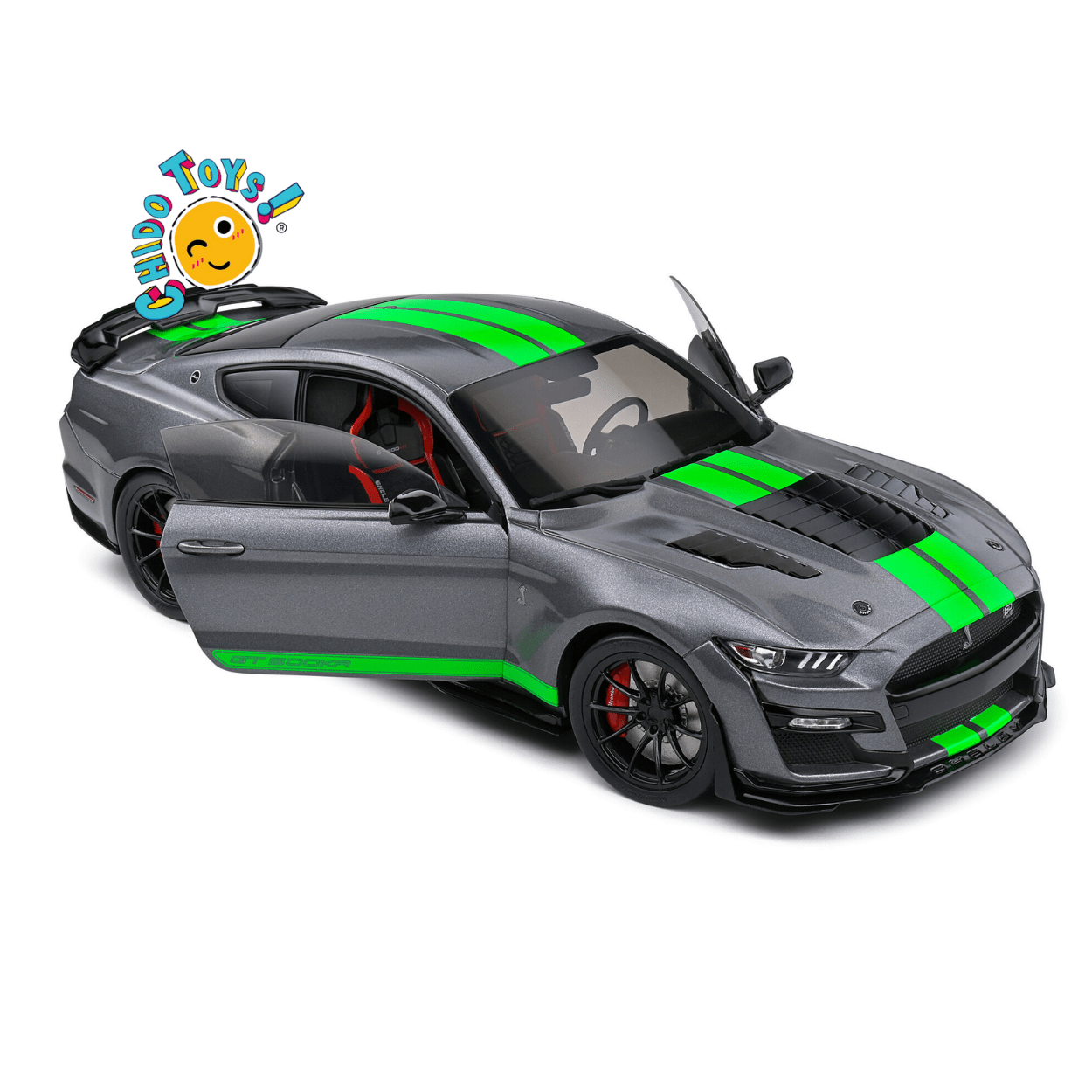 Ford Mustang Shelby GT500R Gris con Franjas Verdes – Sólido 1/18 - Chido Toys