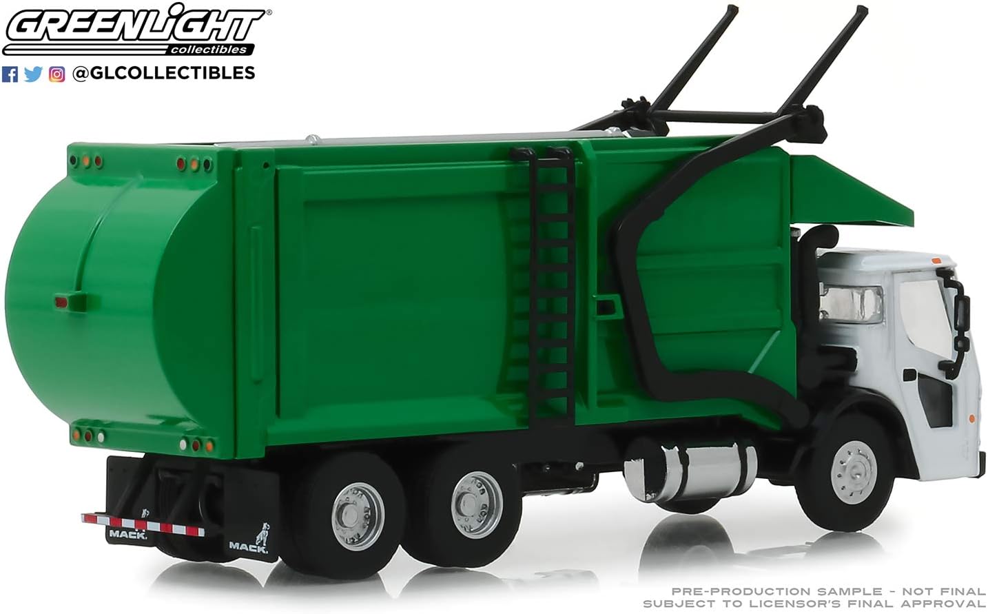 GreenLight 2019 Mack LR Refuse Truck S.D. Trucks 1:64 con brazos funcionales - Chido Toys