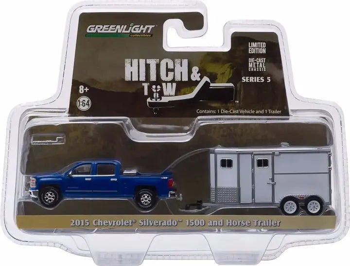 GreenLight Chevrolet Silverado 1500 2015 con Horse Trailer 1:64 azul Hitch & Tow - Chido Toys