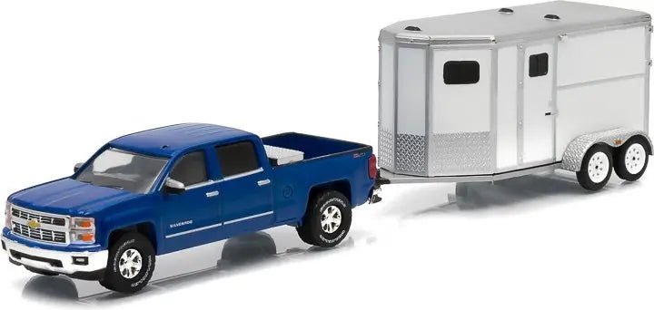 GreenLight Chevrolet Silverado 1500 2015 con Horse Trailer 1:64 azul Hitch & Tow - Chido Toys