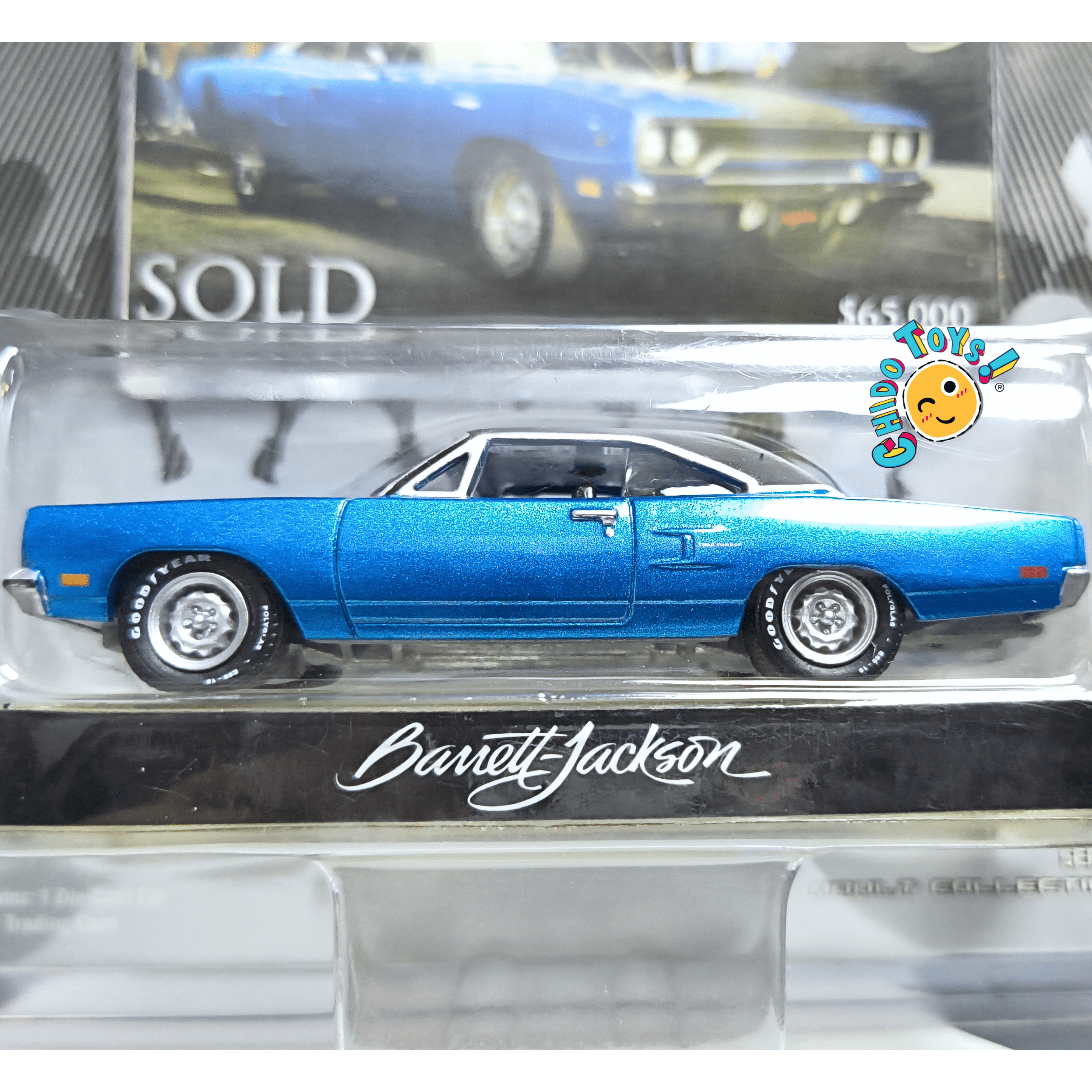 GreenLight Plymouth Road Runner 1970 Barrett-Jackson 1:64 azul con cofre abatible - Chido Toys