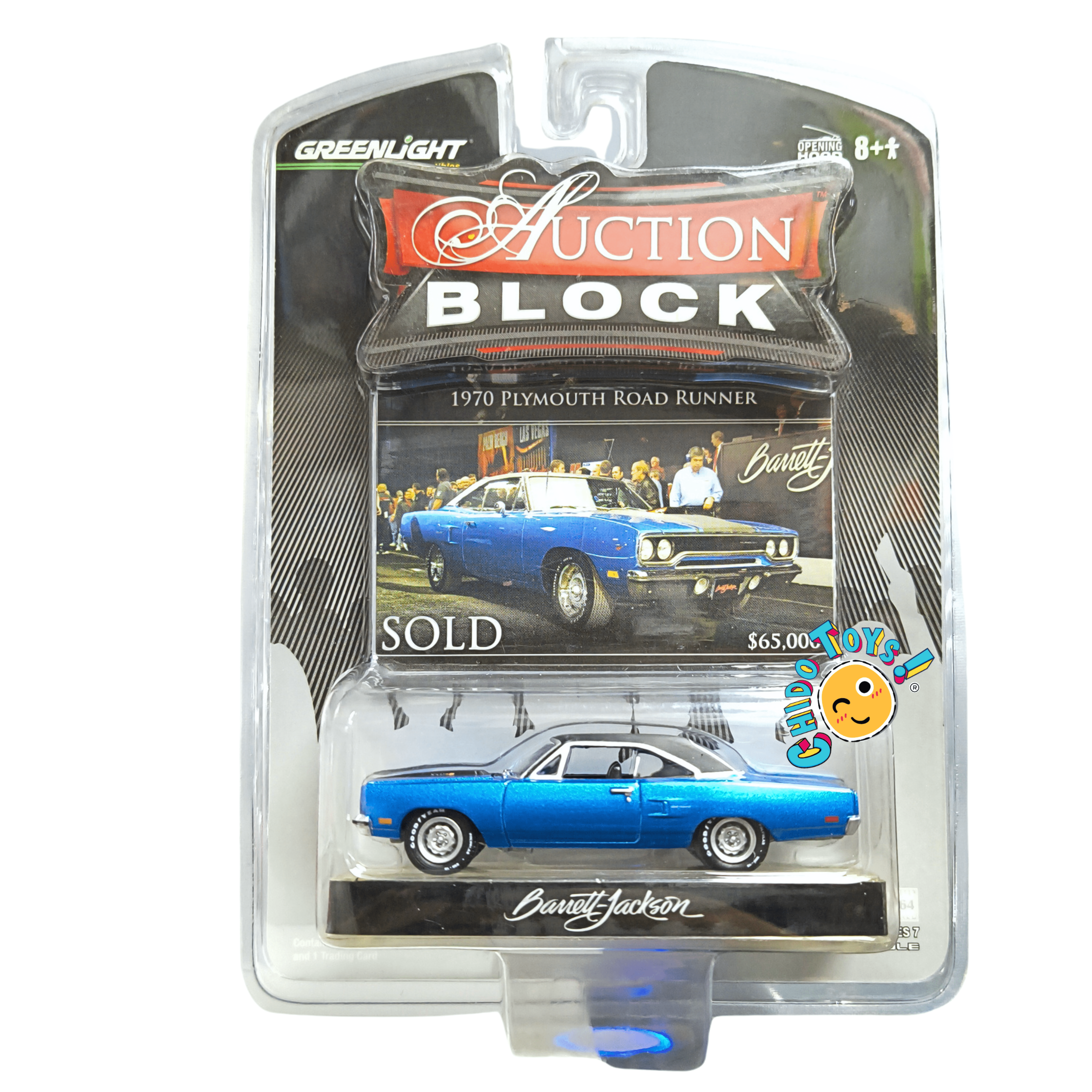 GreenLight Plymouth Road Runner 1970 Barrett-Jackson 1:64 azul con cofre abatible - Chido Toys