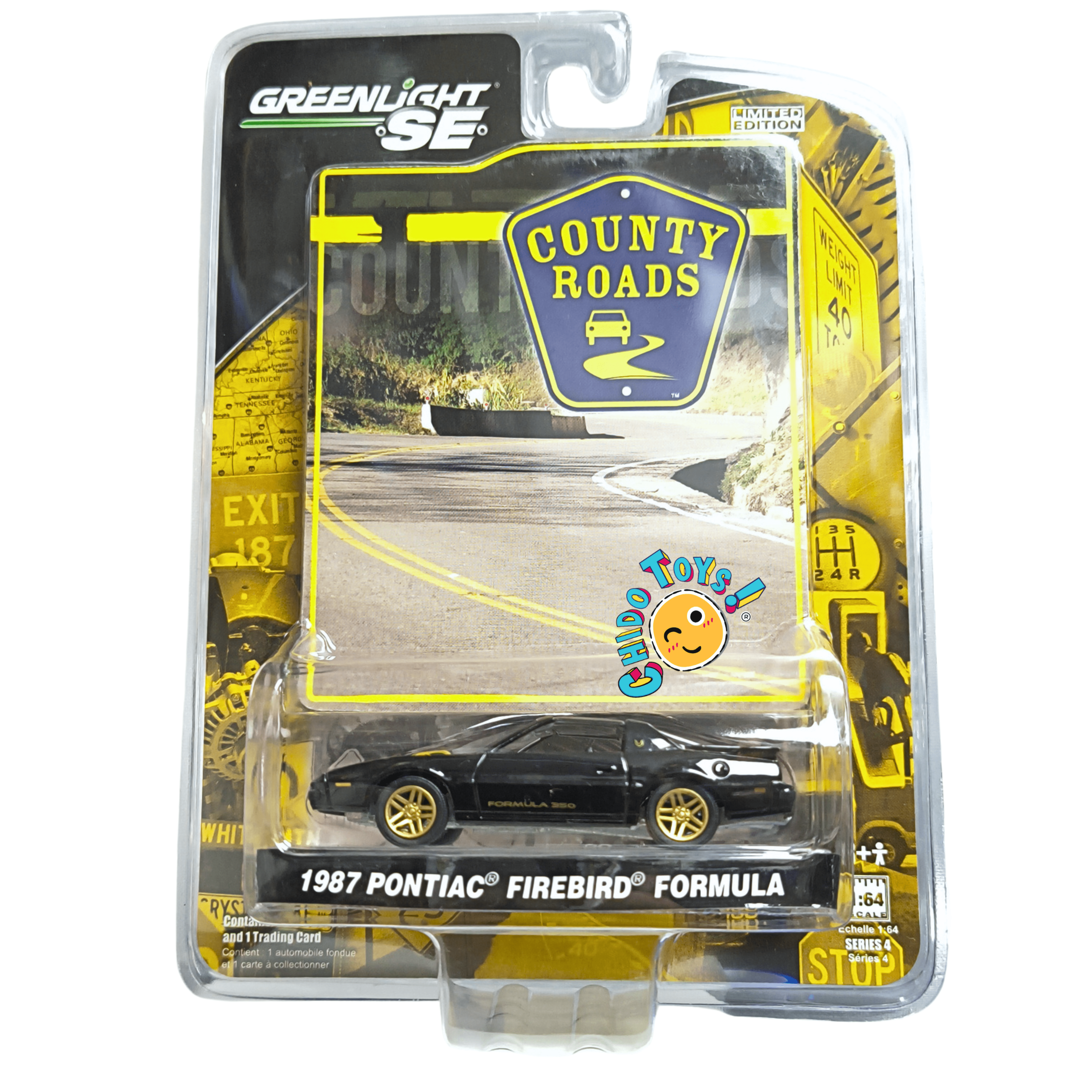 GreenLight Pontiac Firebird Formula 350 1987 County Roads 1:64 negro con rines dorados - Chido Toys