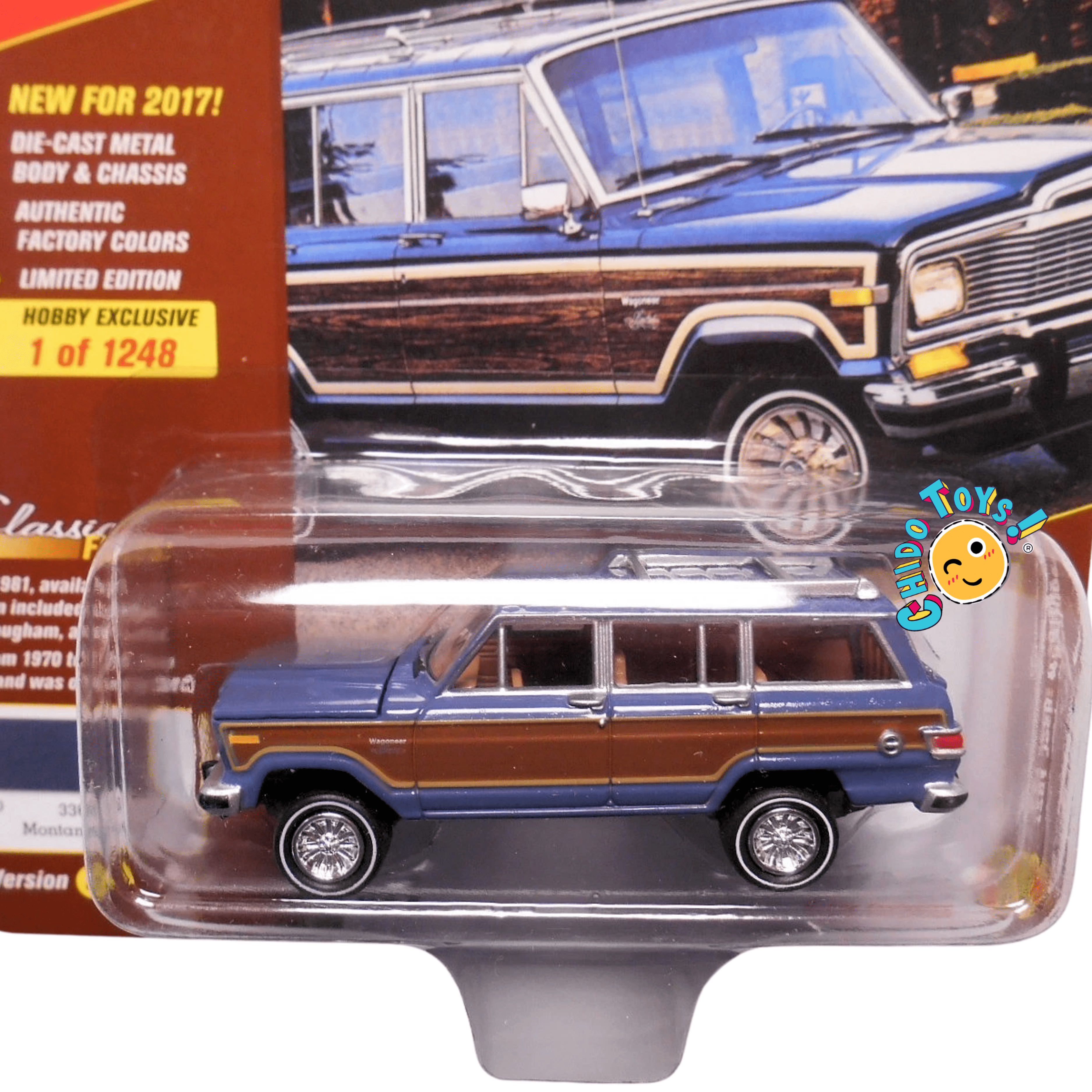 Johnny Lightning 1981 Jeep Wagoneer Classic Gold 1:64 Montana Blue edición limitada - Chido Toys