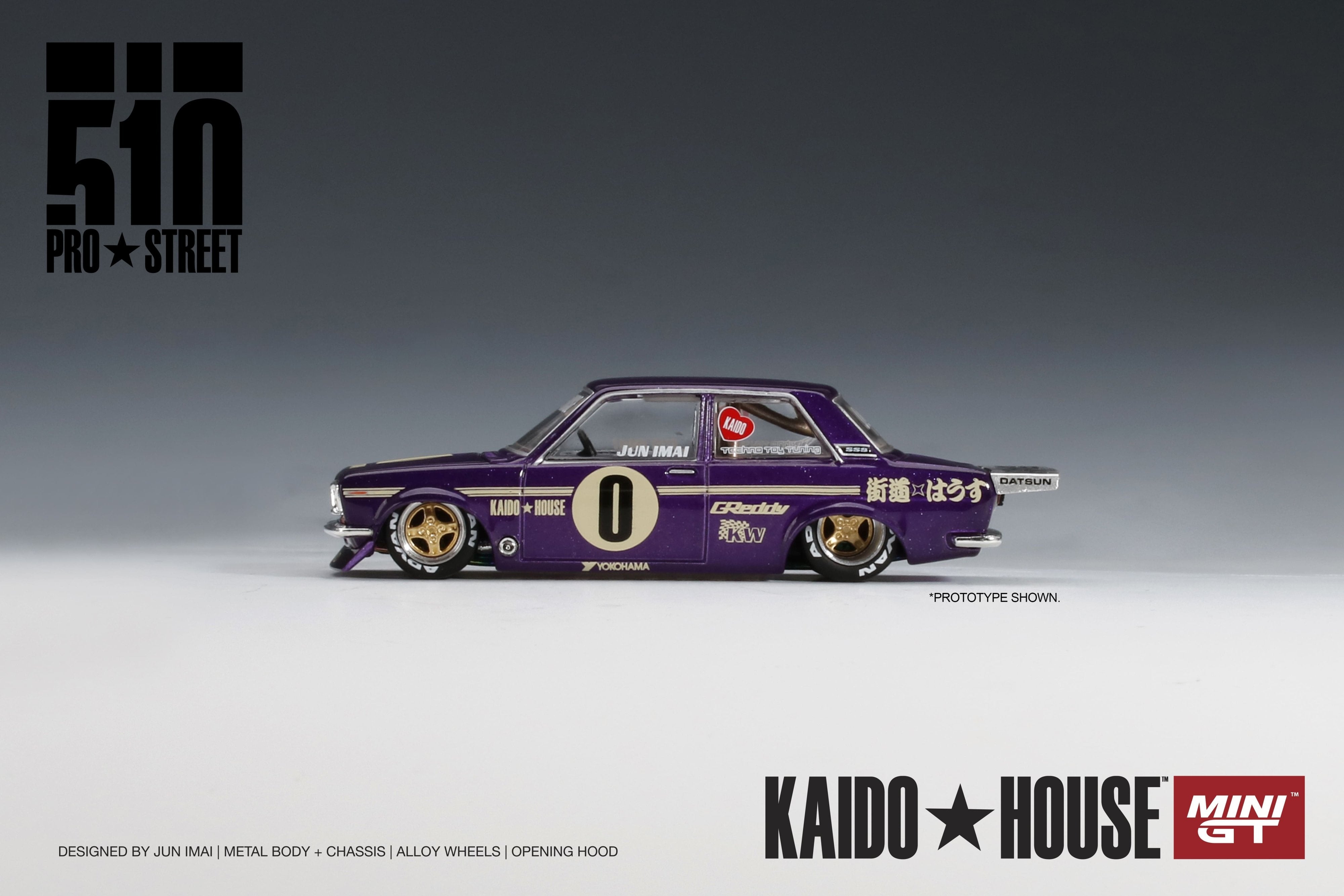 Kaido House 002 Datsun 510 Pro Street 1:64 morado rines dorados Primera edición - Chido Toys