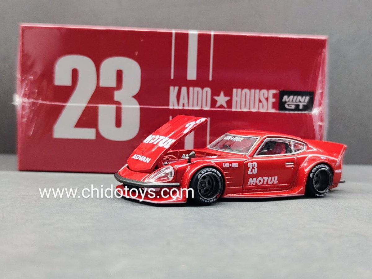 Kaido House x Mini GT Datsun 240Z Kaido GT Motul #23 1:64 rojo con apertura de cofre - Chido Toys